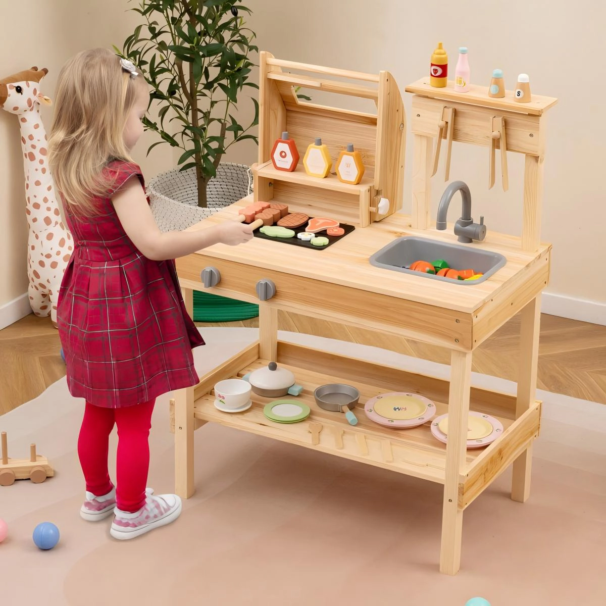 SUGIFT Kids Wooden Barbecue Grill Playset with 25 Play Food and BBQ Accessories Open Shelves and Lid Stopper