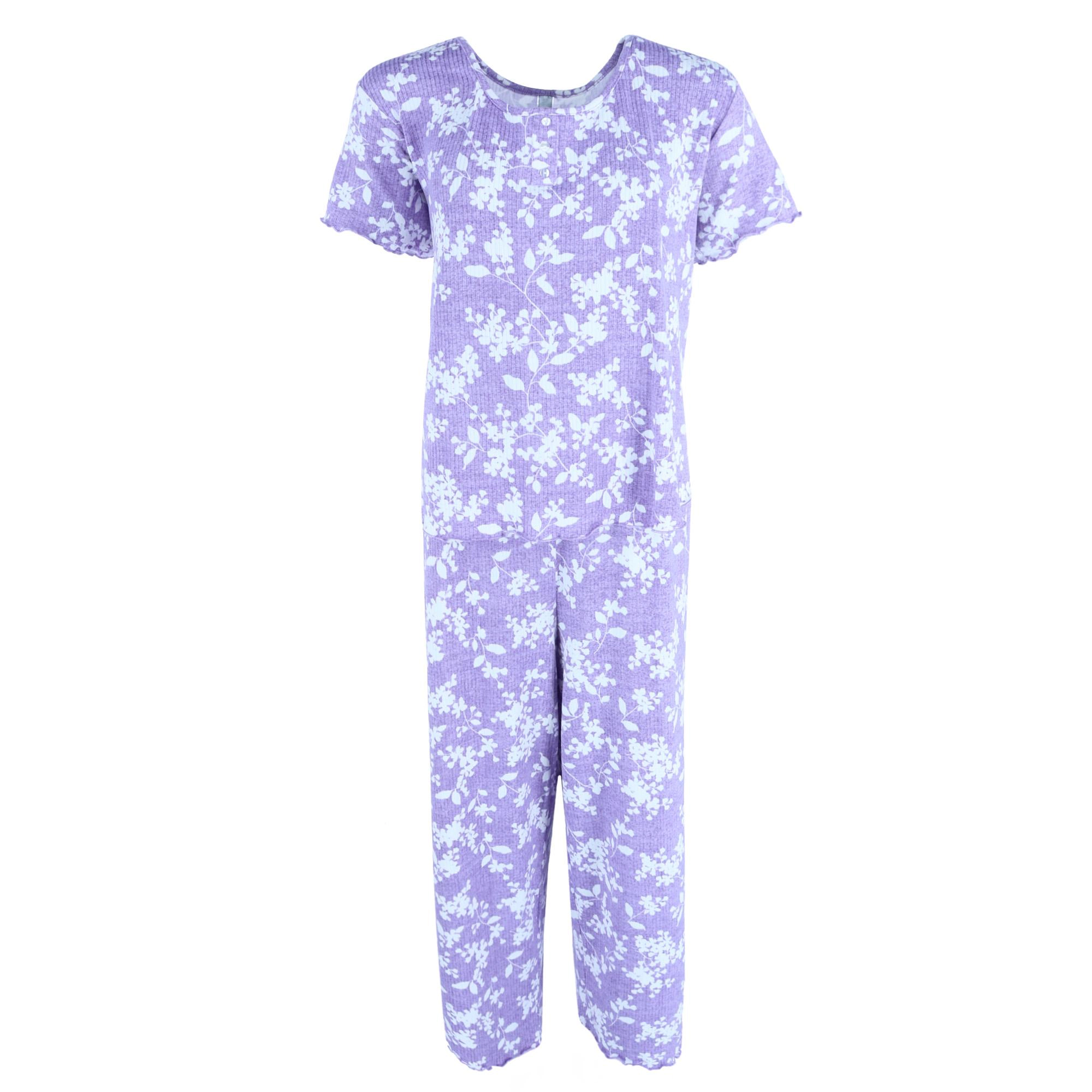 PJ Couture Women's Plus Lightweight Ribbed Tropical Print Pajama Set
