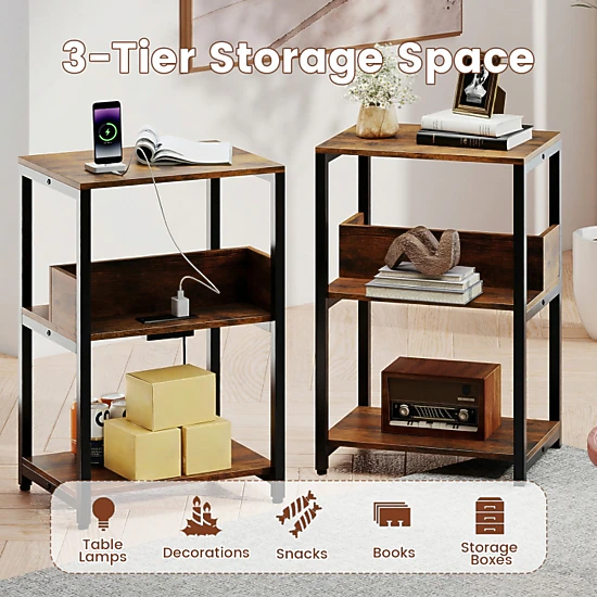 Hivvago Side End Table With Charging Station And Open Shelves