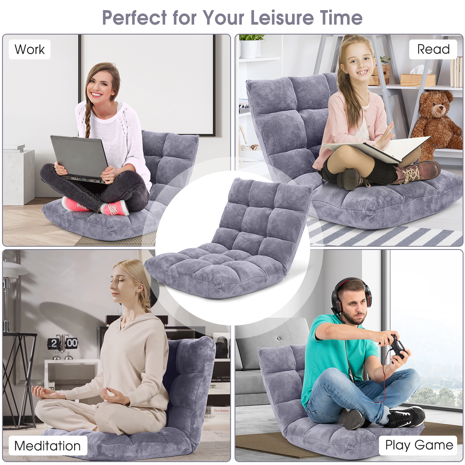 SUGIFT Adjustable 14-Position Cushioned Floor Chair 200-lb Seat Capacity 77-lb Backrest Capacity Gray