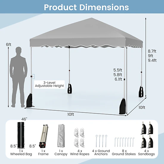 SUGIFT Foldable Pop Up 10 x 10Canopy Tent with 3-Height Adjustable Frame Wheeled Bag and Accessories Gray