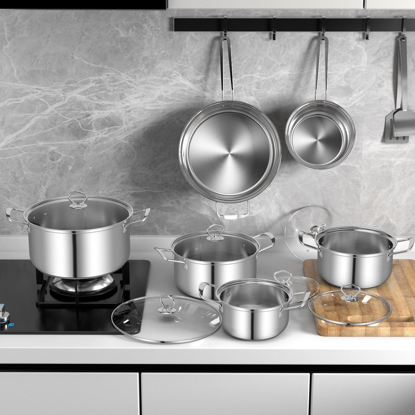 SlickBlue 12 Piece Stainless Steel Cookware Set with Pots Pans and Lid