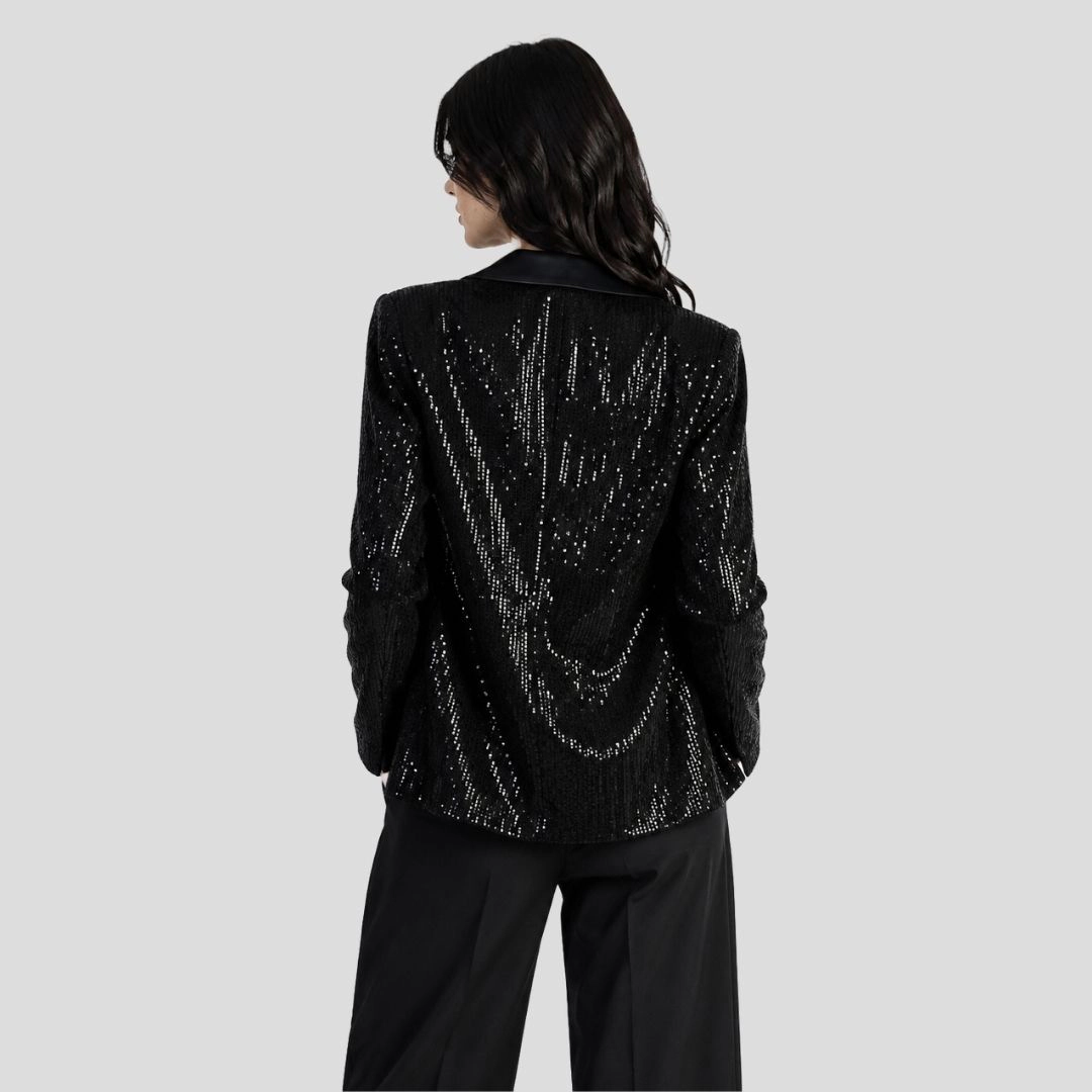Artyska Women's Long Sleeve Sequin Satin Blazer Jacket Party Sparkly Coat