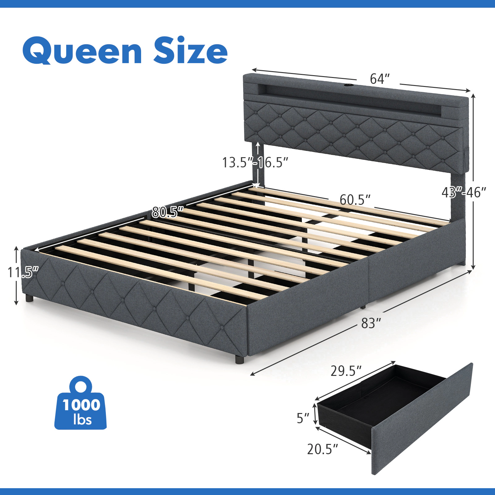 LJG Full/Queen Size Bed Frame with Adjustable Storage Headboard and Wooden Slat Support