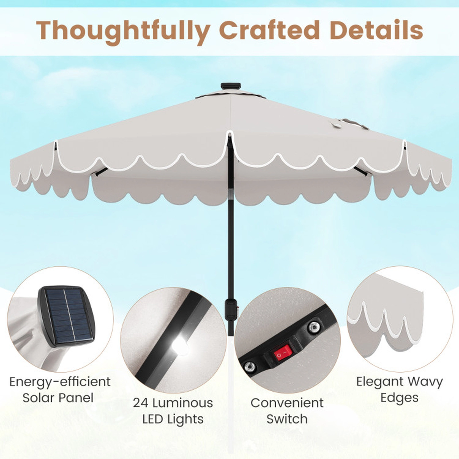 SUGIFT 9.3-ft Solar Patio Umbrella with 24 LED Lights Vented Top Ruffled Edges 9.3 x 8.2 in Polyester Canopy Beige