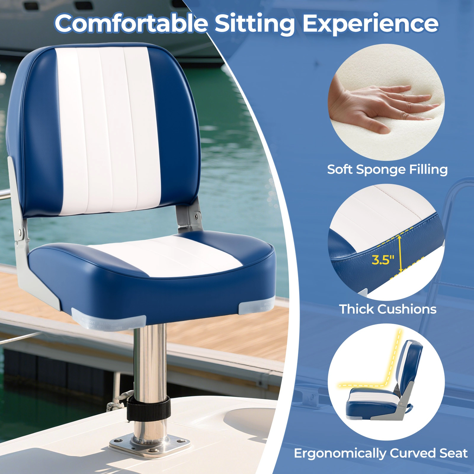 SUGIFT 2-Pack 330-lb Capacity Folding Low Back Boat Seats Chairs with Sponge Cushion and PVC Leather
