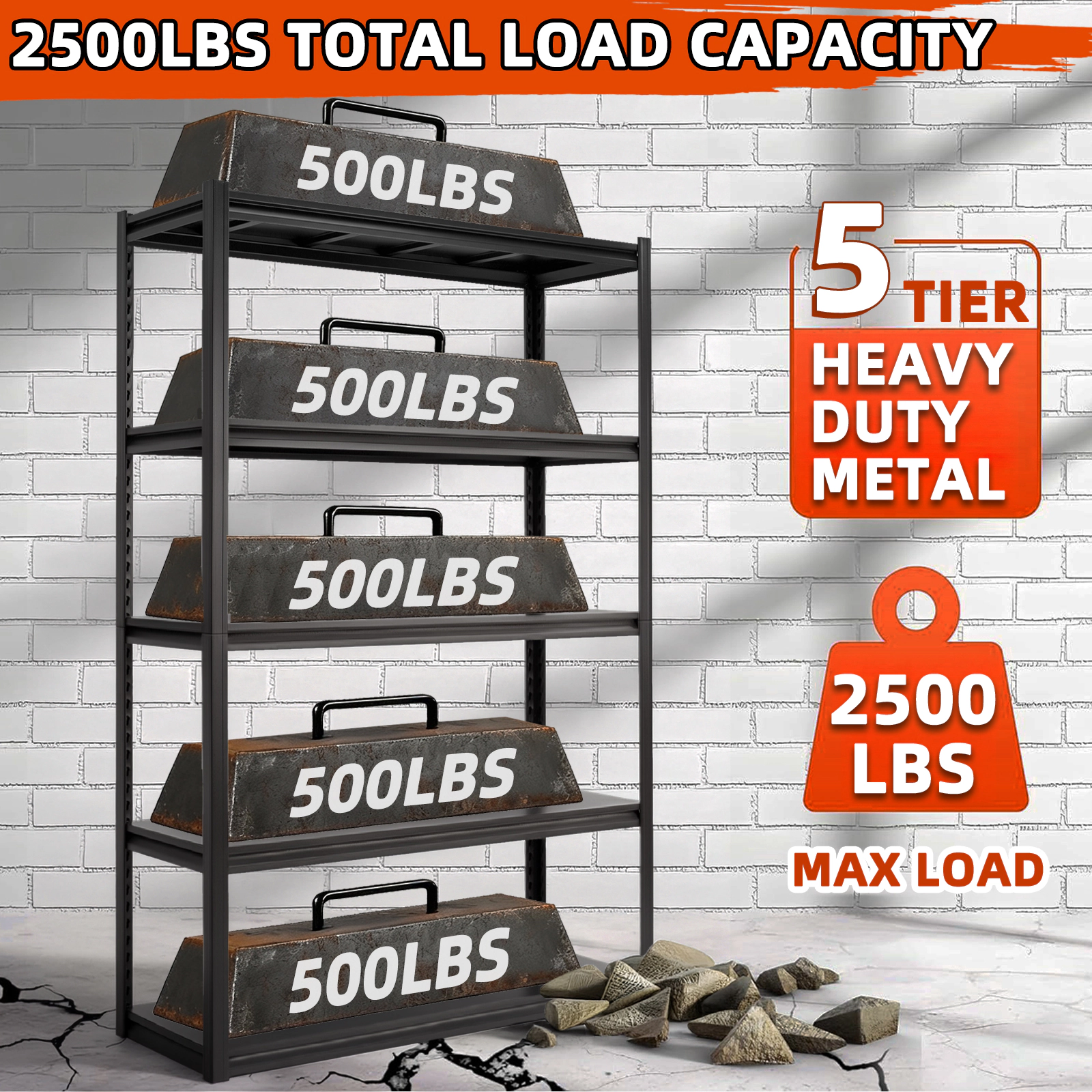 Flynama 5-Tier Freestanding Shelving Unit, Heavy Duty Metal, Adjustable, Black (47.2"W x 72"H x 17.7"D)