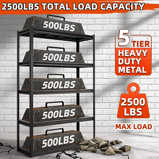 Flynama 5-Tier Freestanding Shelving Unit, Heavy Duty Metal, Adjustable, Black (47.2"W x 72"H x 17.7"D)