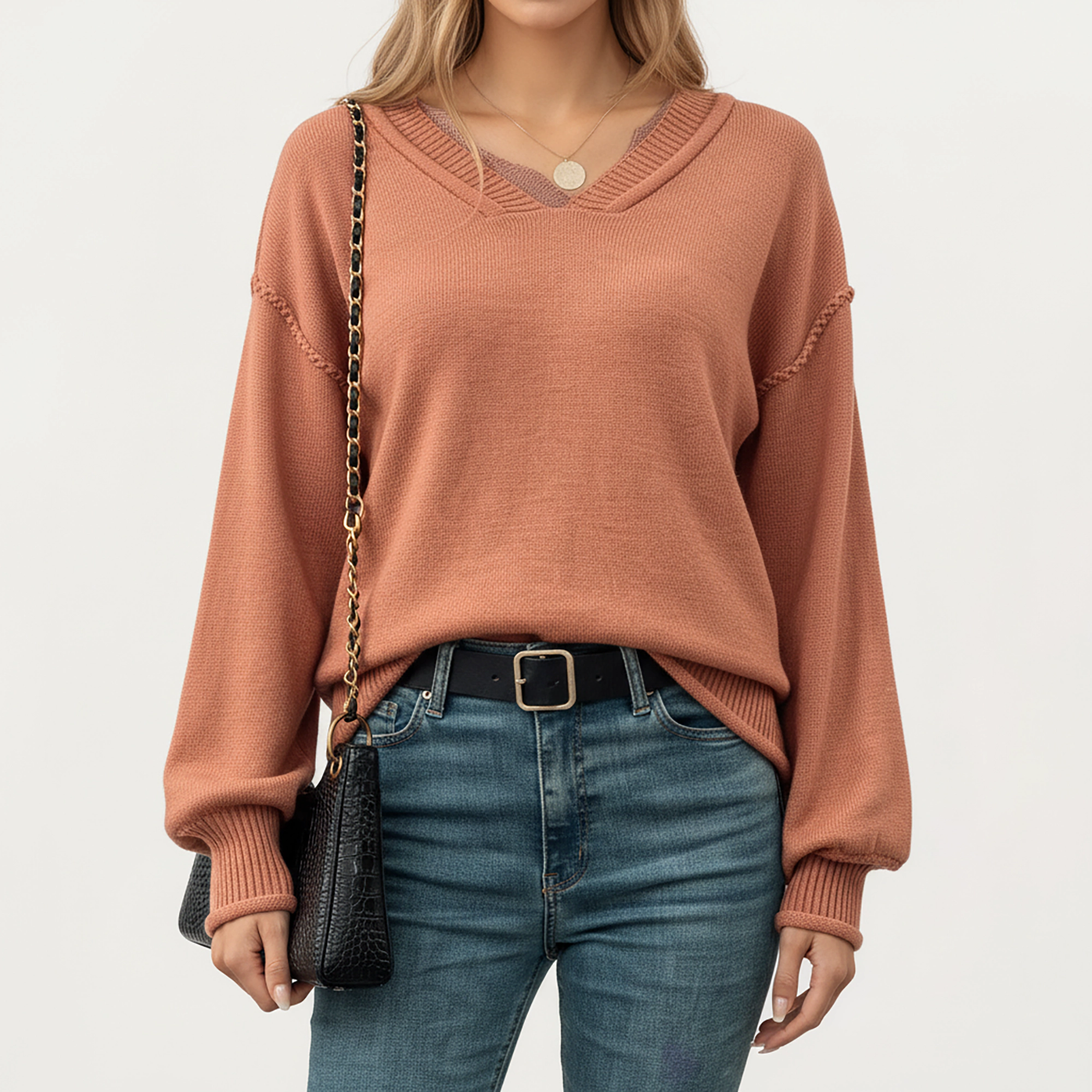 Anna-Kaci Women's V-Neck Knit Top with Soft Textured Finish and Layered Collar Detail for a Relaxed Chic Silhouette
