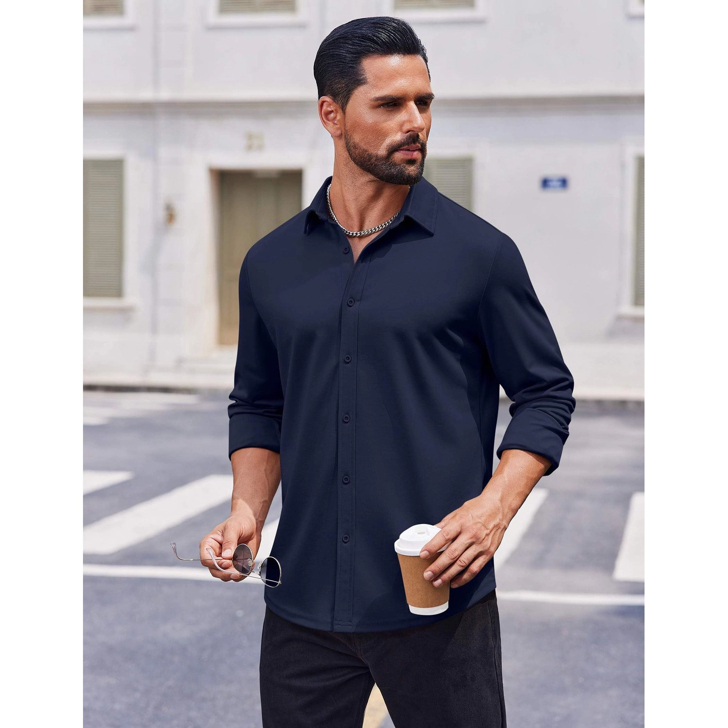 COOFANDY Mens Dressy Long Sleeve Shirts Fall Button Down Collar Solid Casual Tops