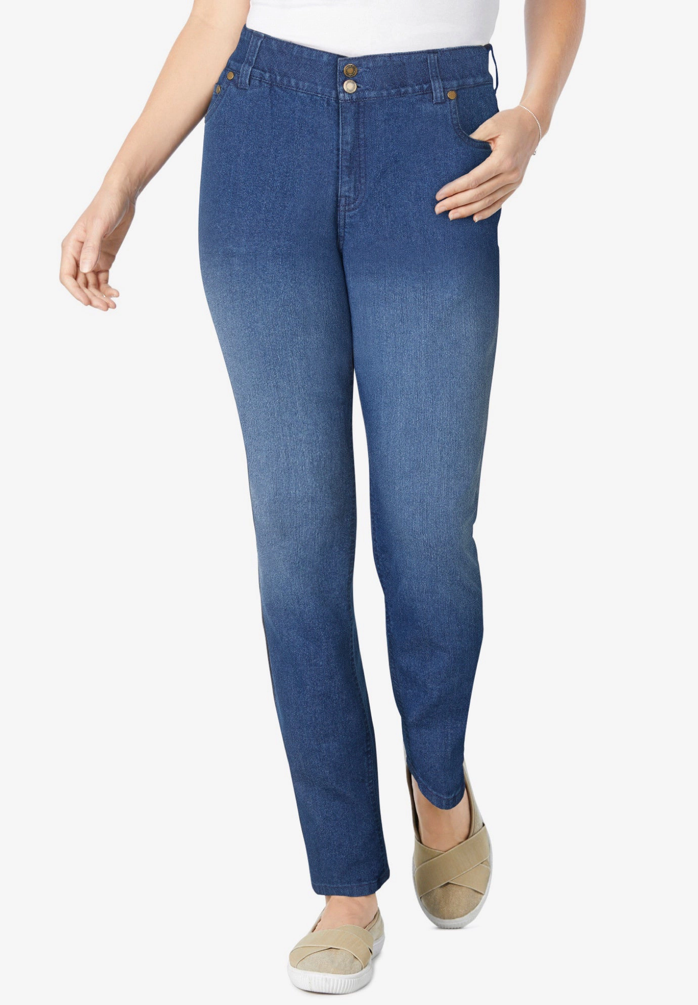 Woman Within Plus Stretch Built-in Slimming Panel Straight Leg Jeans