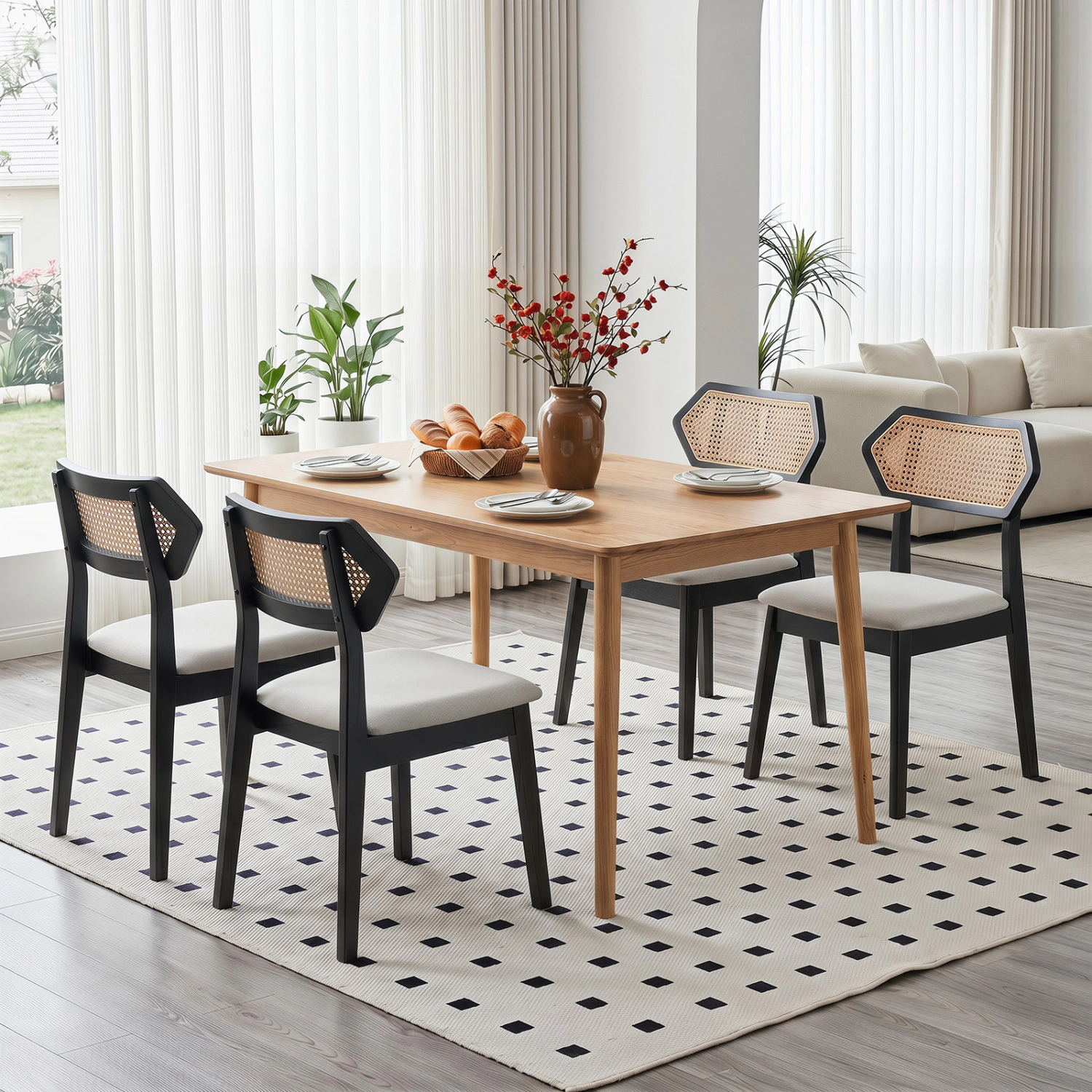 LJG Mid Century Rattan Dining Chairs Set of 2 with Back and Solid Wood Frame