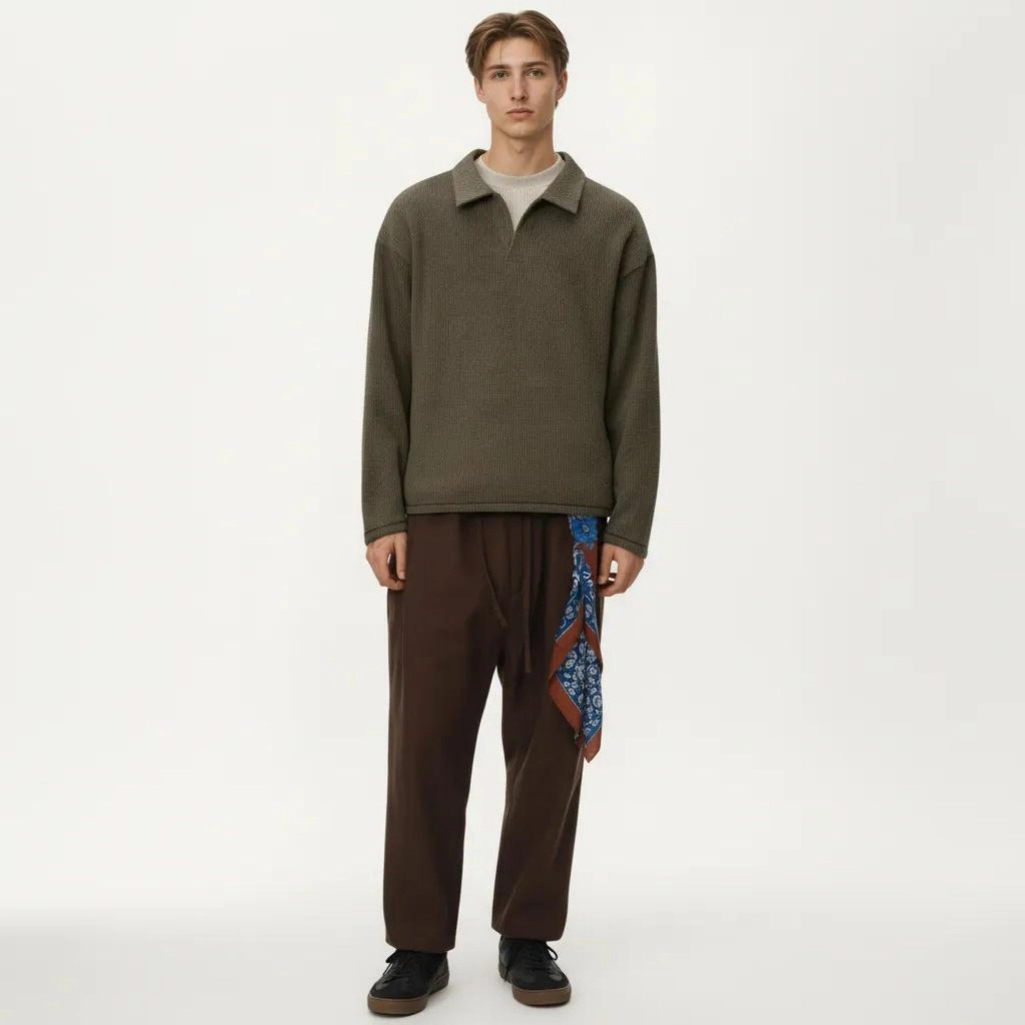 Anna-Kaci Men's Ribbed Long Sleeve Collared Pullover Top with Relaxed Fit