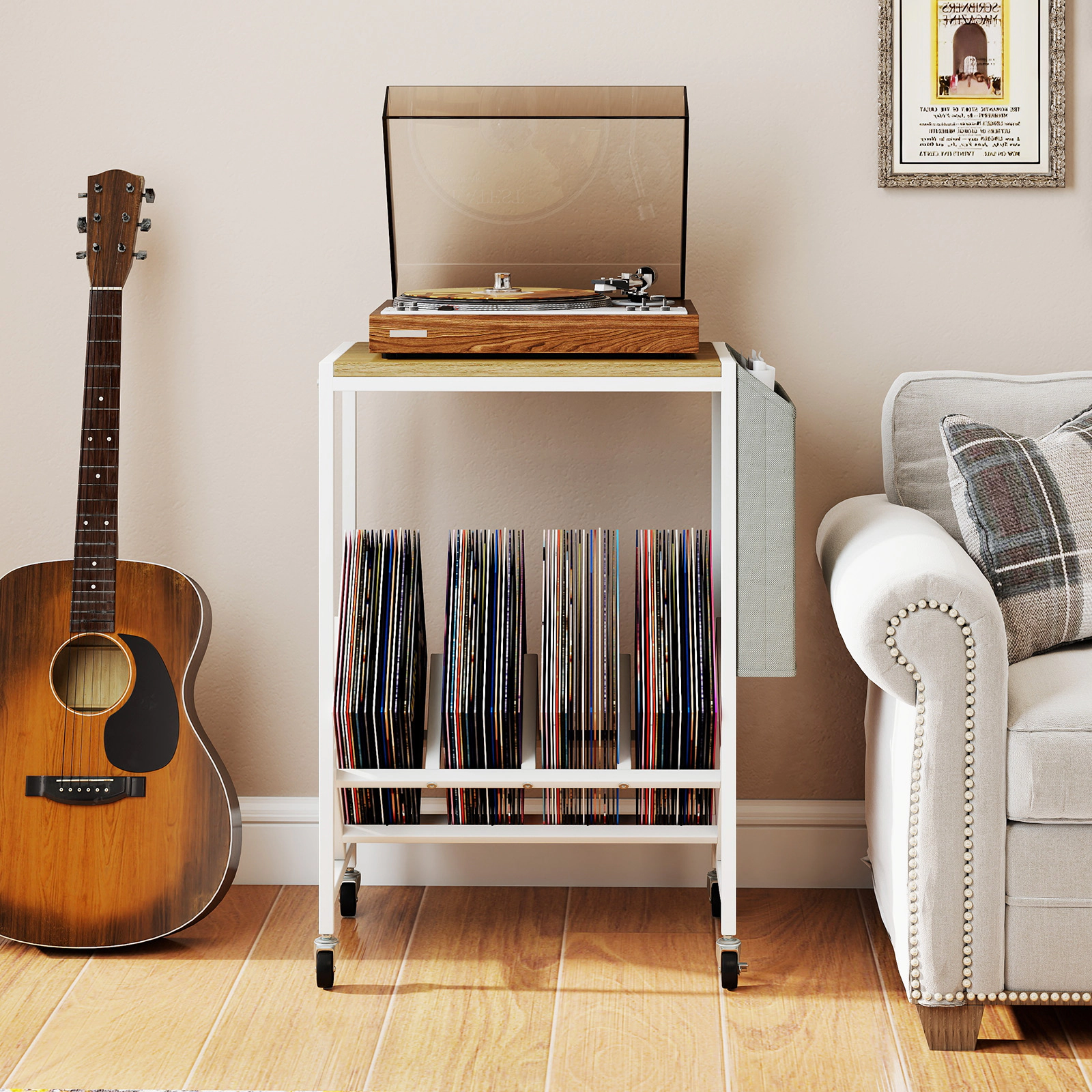 SUGIFT Rolling 2-Tier Record Player Stand with Vinyl Storage and Magazine Holder 55-lb Tabletop Capacity Natural & White