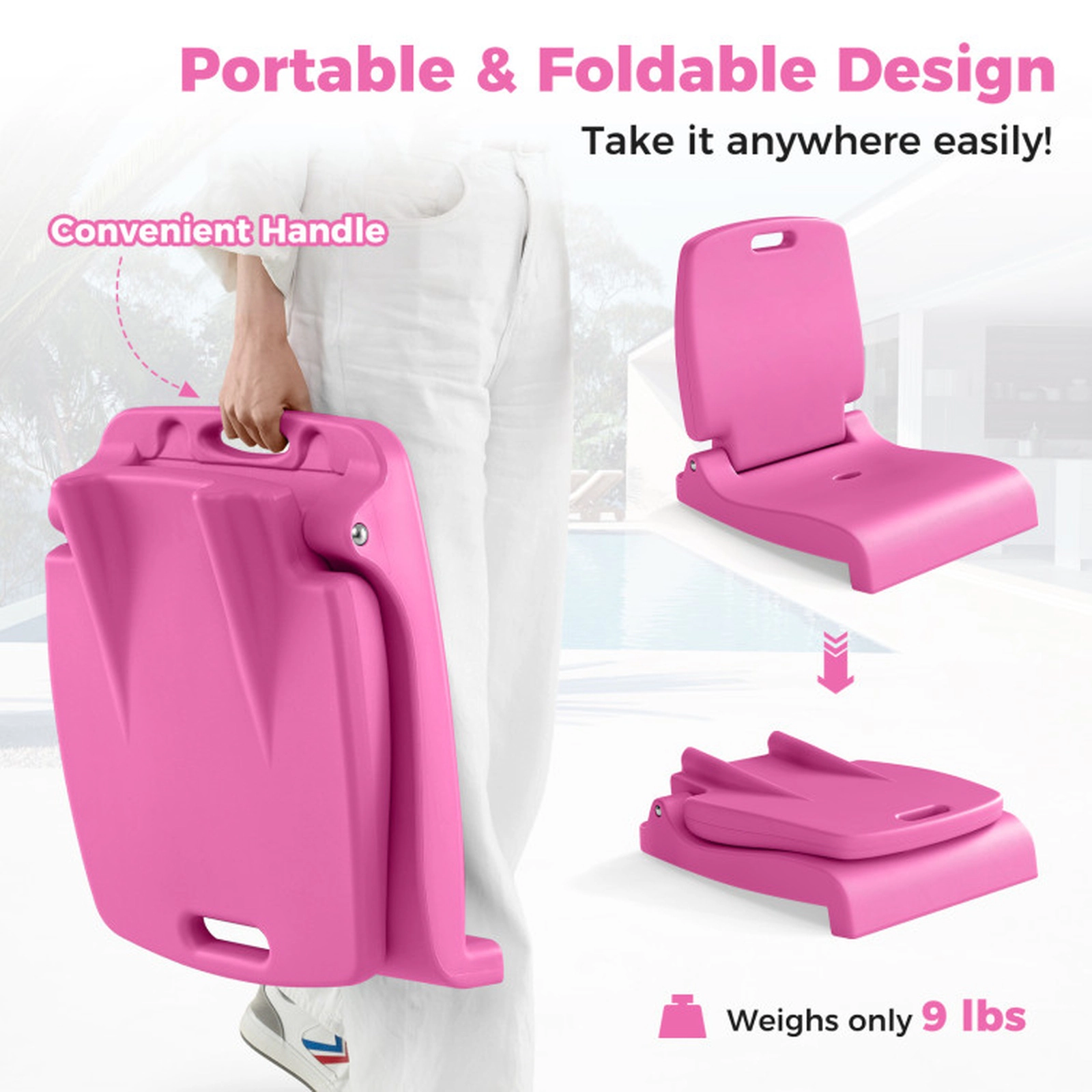 SUGIFT Foldable Carry Handle Back Support Poolside Outdoor Pool Chair 22-in x 18.5-in x 20.5-in 220-lb Capacity Pink