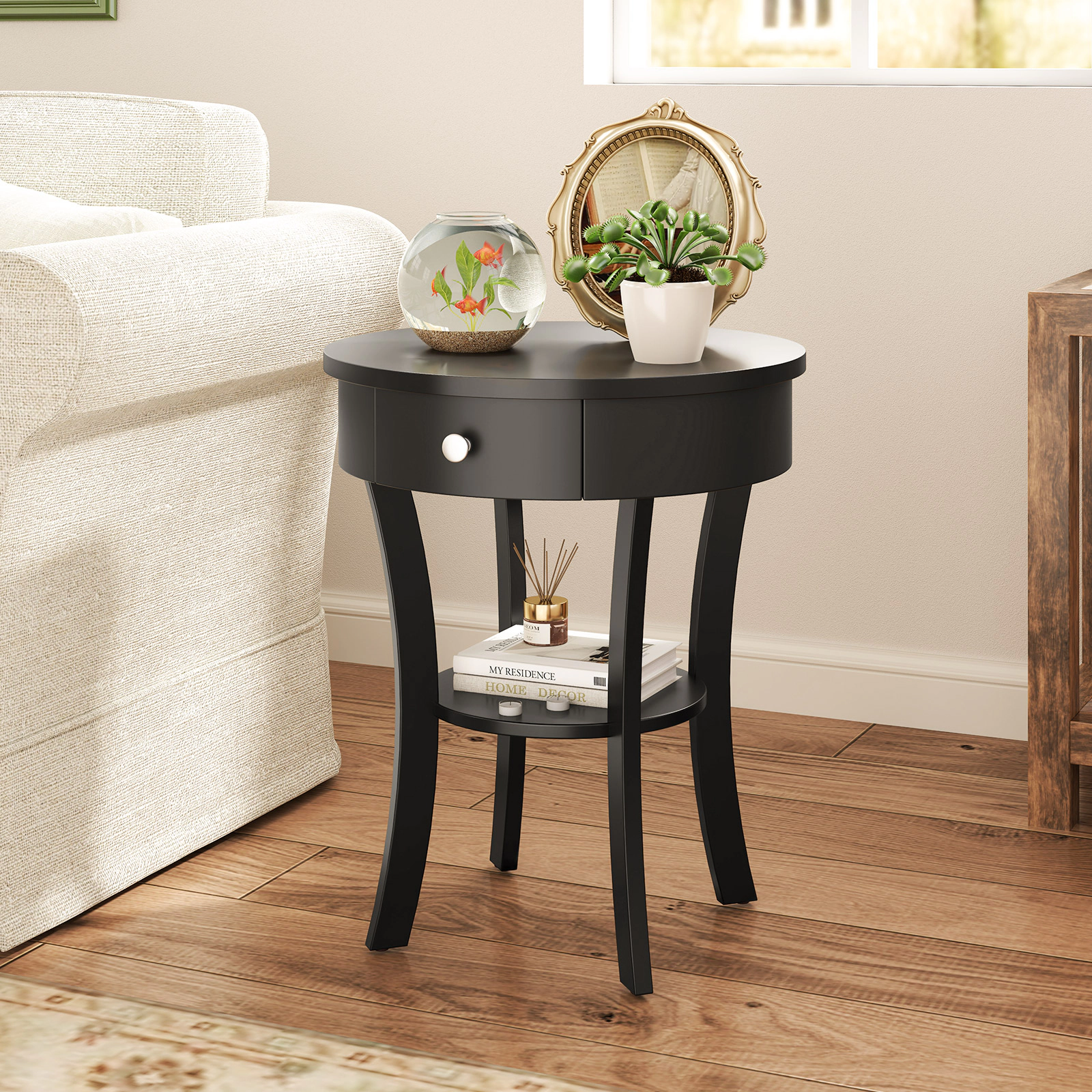 Glintex Round 2-Tier End Table with Open Drawer and Rubber Wood Legs