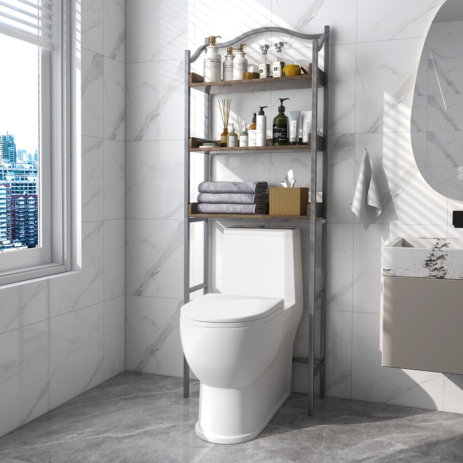 Slickblue Over Toilet Bathroom Storage Rack 3-Tier 66 Inch Silver Metal Shelf Laundry Organizer