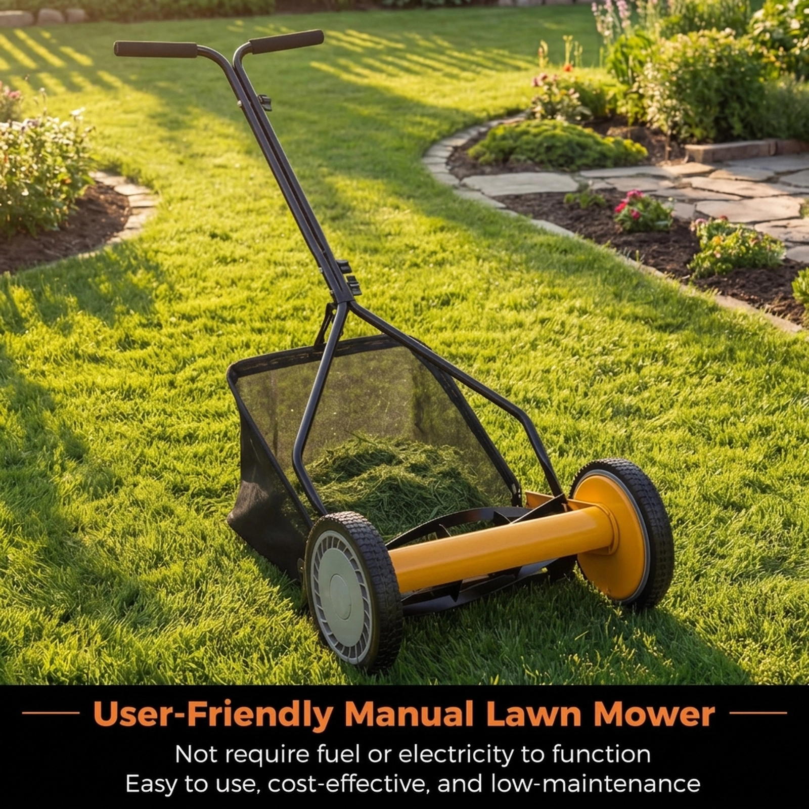 SUGIFT Manual Push Lawn Mower with 5 Steel Blades 14-in Cutting Width Grass Catcher Bag Orange