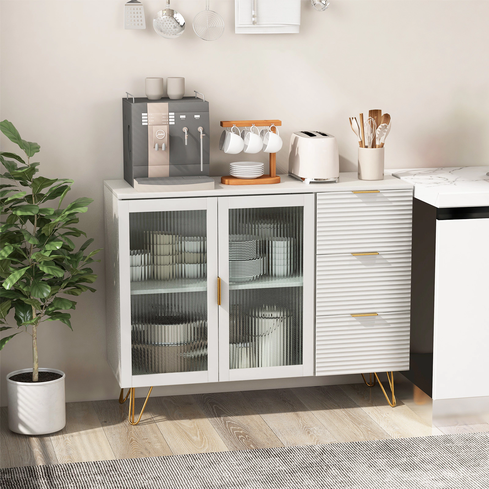 SUGIFT 42.5-in Sideboard Buffet Cabinet with 2 Doors 3 Drawers 300-lb Capacity for Living Room Dining Room White Gold
