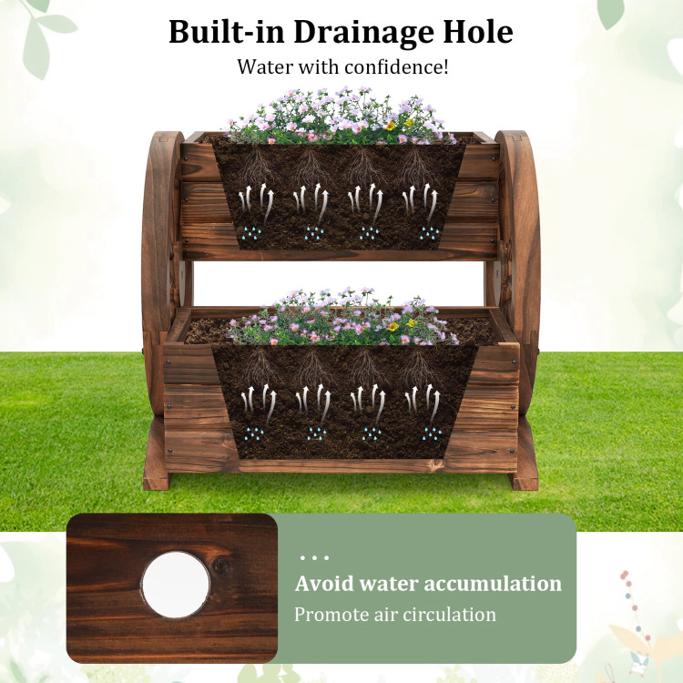 Hivvago 2-Tier Raised Garden Bed Rustic Wood Wagon Shape with Drainage Holes and Wheels
