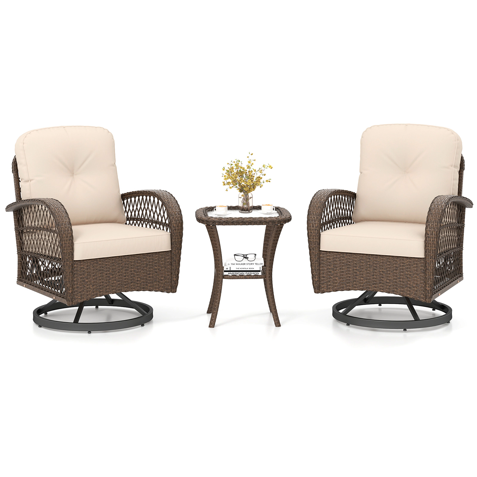 LJG 3 Piece Patio Swivel Rocker Set with Tempered Glass Side Table and Thick Cushions