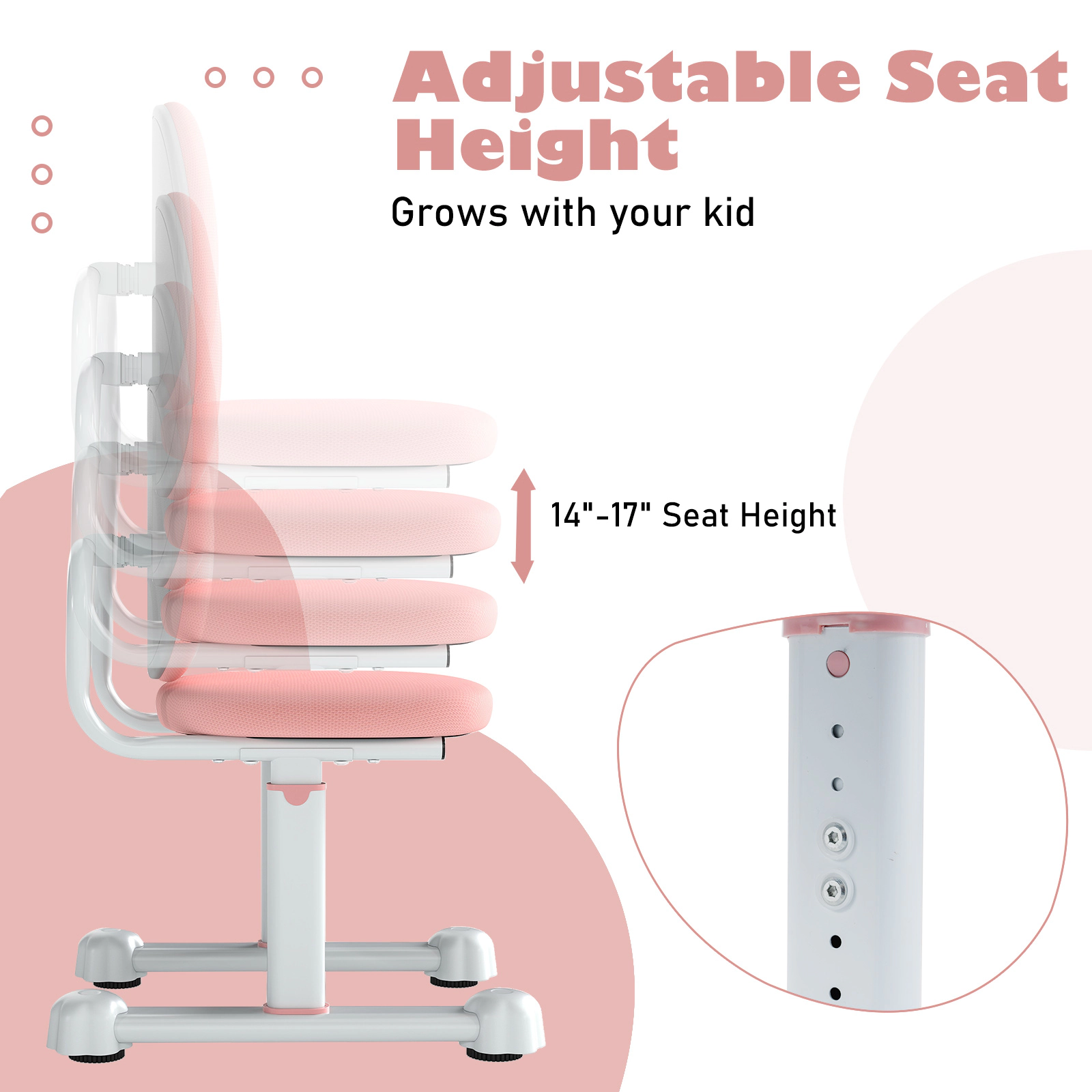 SUGIFT Kids Desk Chair Pink Study Chair with Double Back Support and Adjustable Height