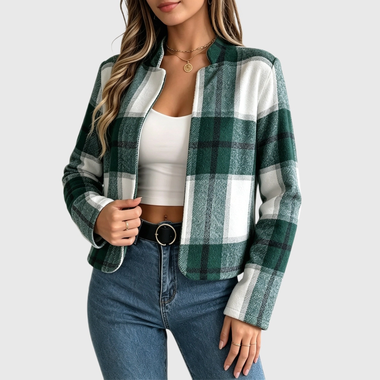 YesFashion Women's Flannel Cropped Shacket Casual Plaid Open Front Fashion Jacket Blazers Coat Tops