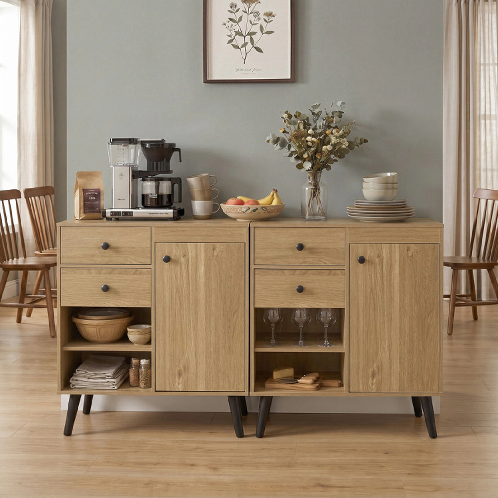 SUGIFT Set of 2 31-in 135-lb Capacity Natural Buffet Cabinets with 2 Drawers Open Compartments and Raised Legs