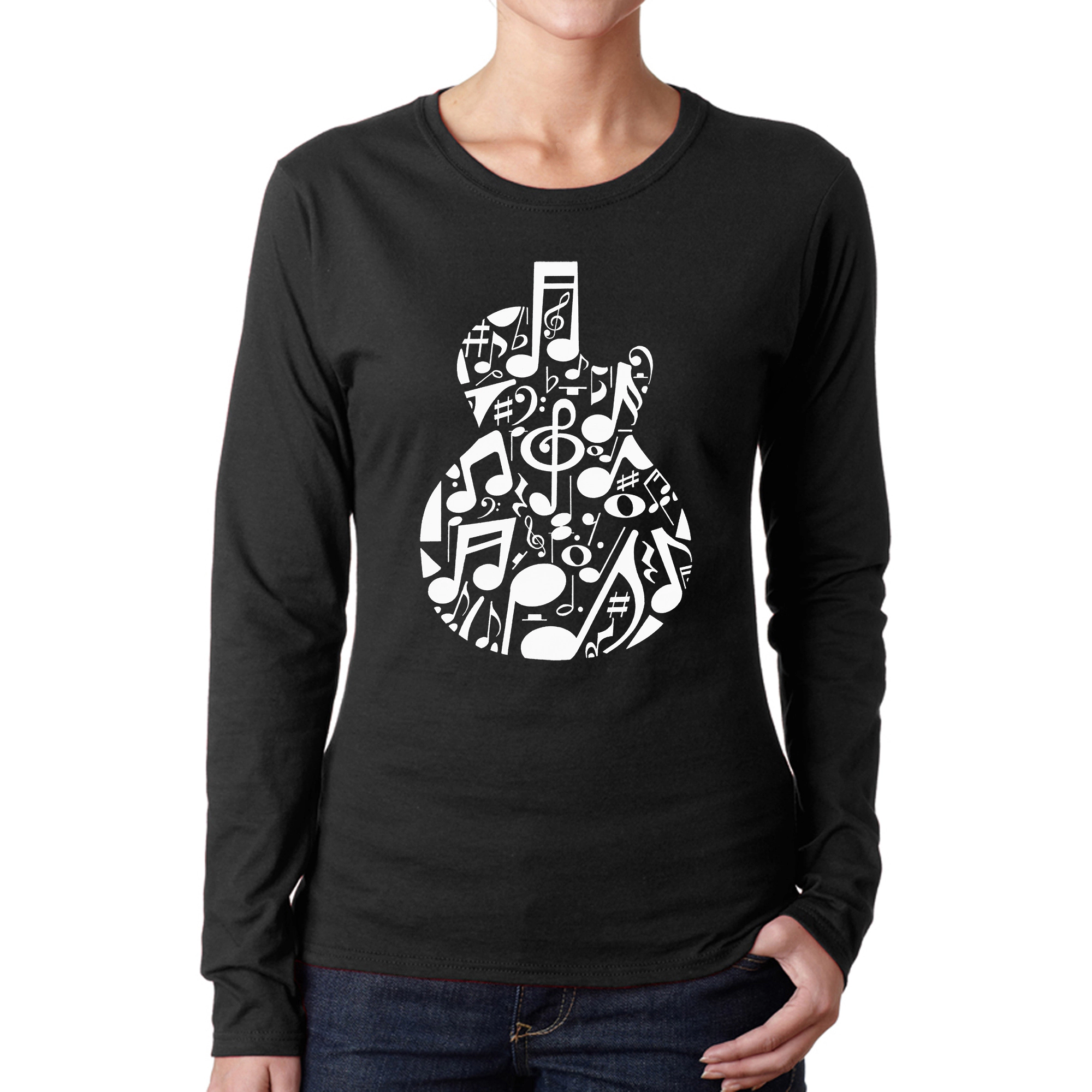 LA Pop Art Women's Word Long Sleeve T-Shirt - Music Notes Guitar