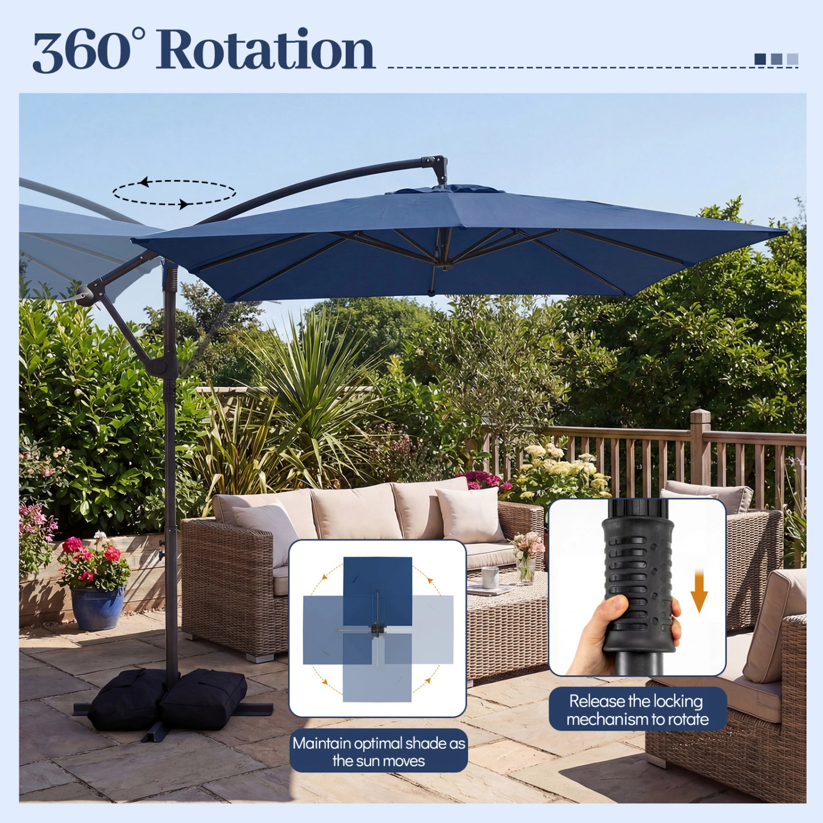 SUGIFT 8 x 8-ft Square Offset Cantilever Patio Umbrella 360° Rotation Double-Tier Polyester Canopy 116-lb Base Capacity