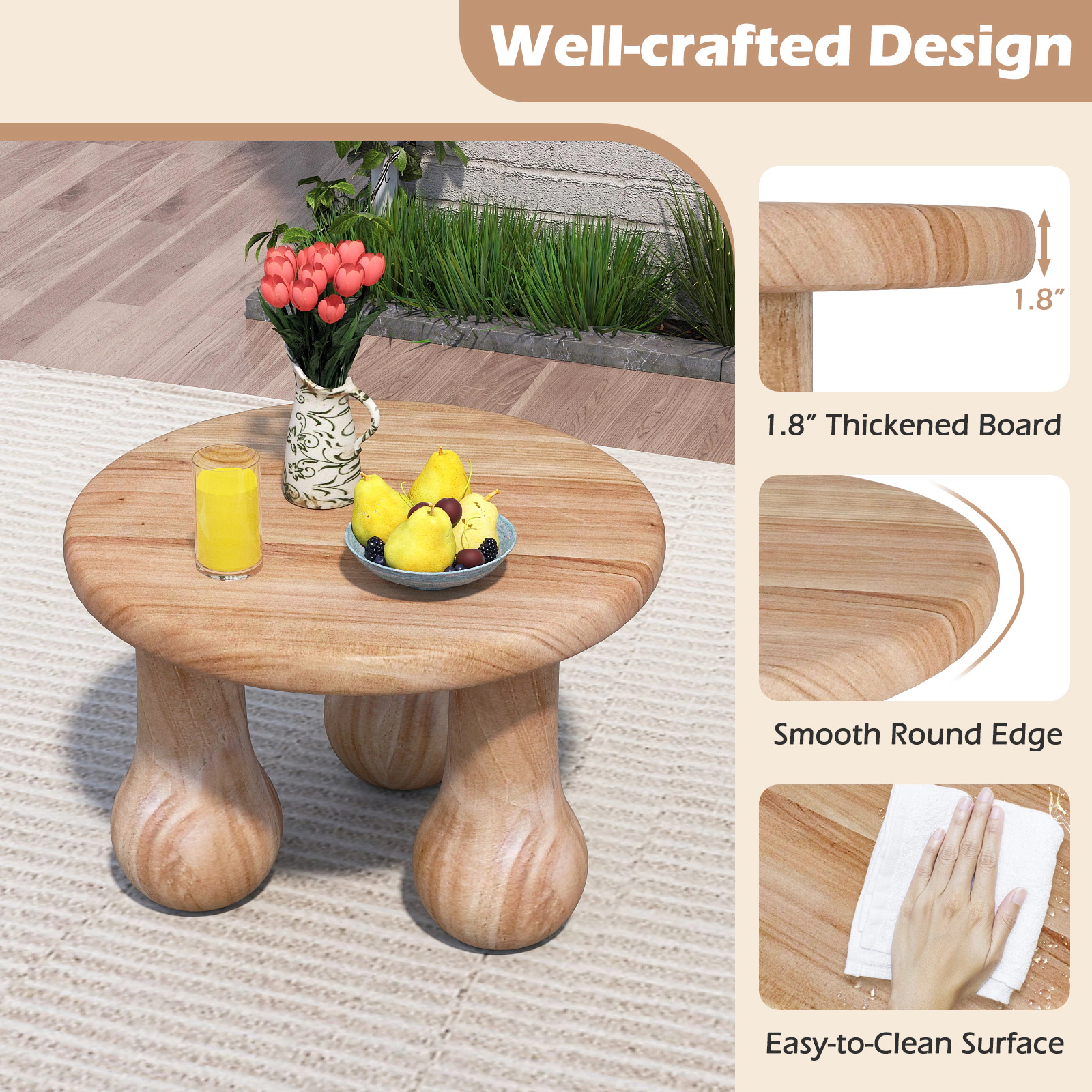 Glintex 24-Inch Solid Mahogany Coffee Table with Thick Top and Tool-Free Assembly, Natural