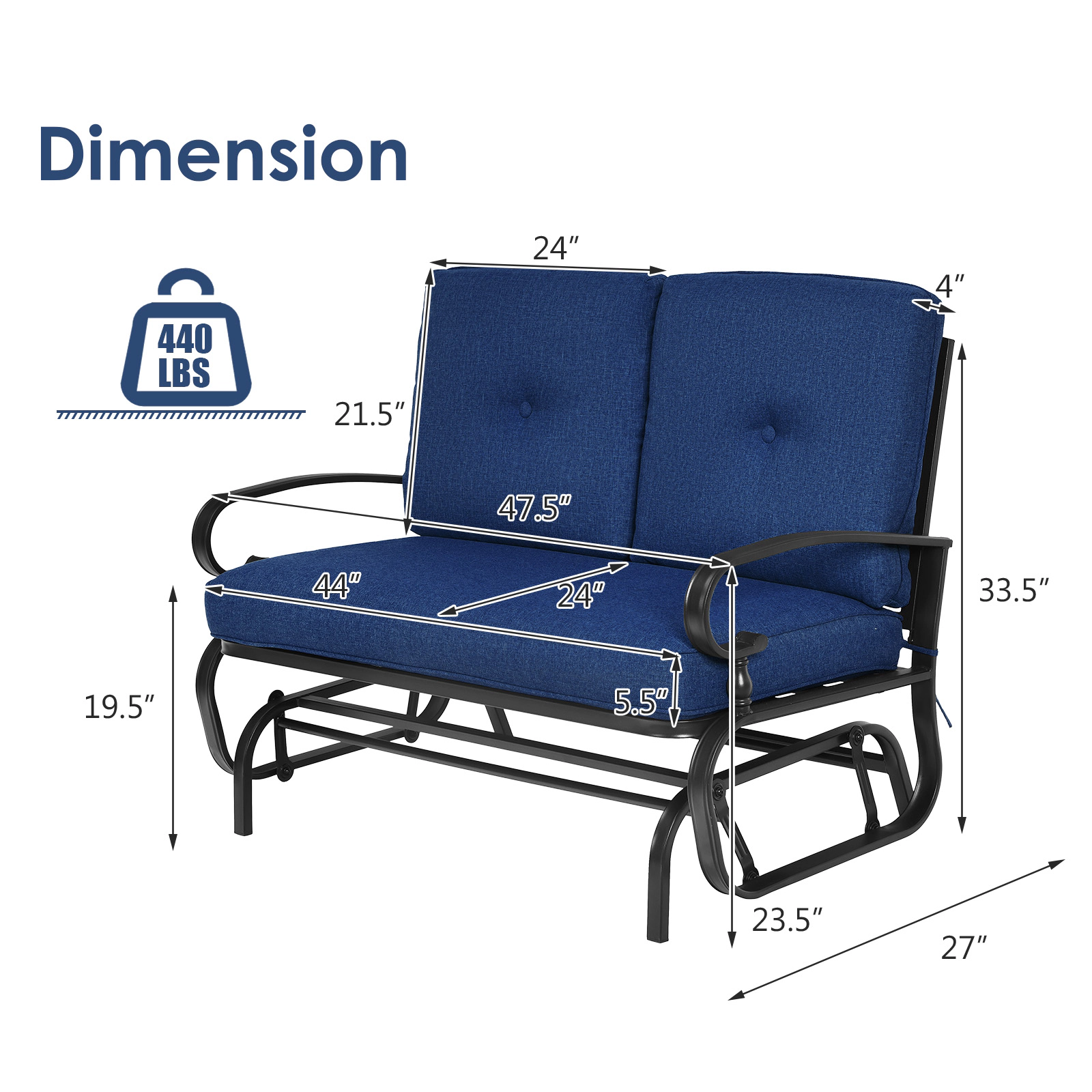 SUGIFT 2-Person Navy Outdoor Glider Swing with Olefin Cushions 47.5-in W 27-in D 33.5-in H 440-lb Seat Capacity