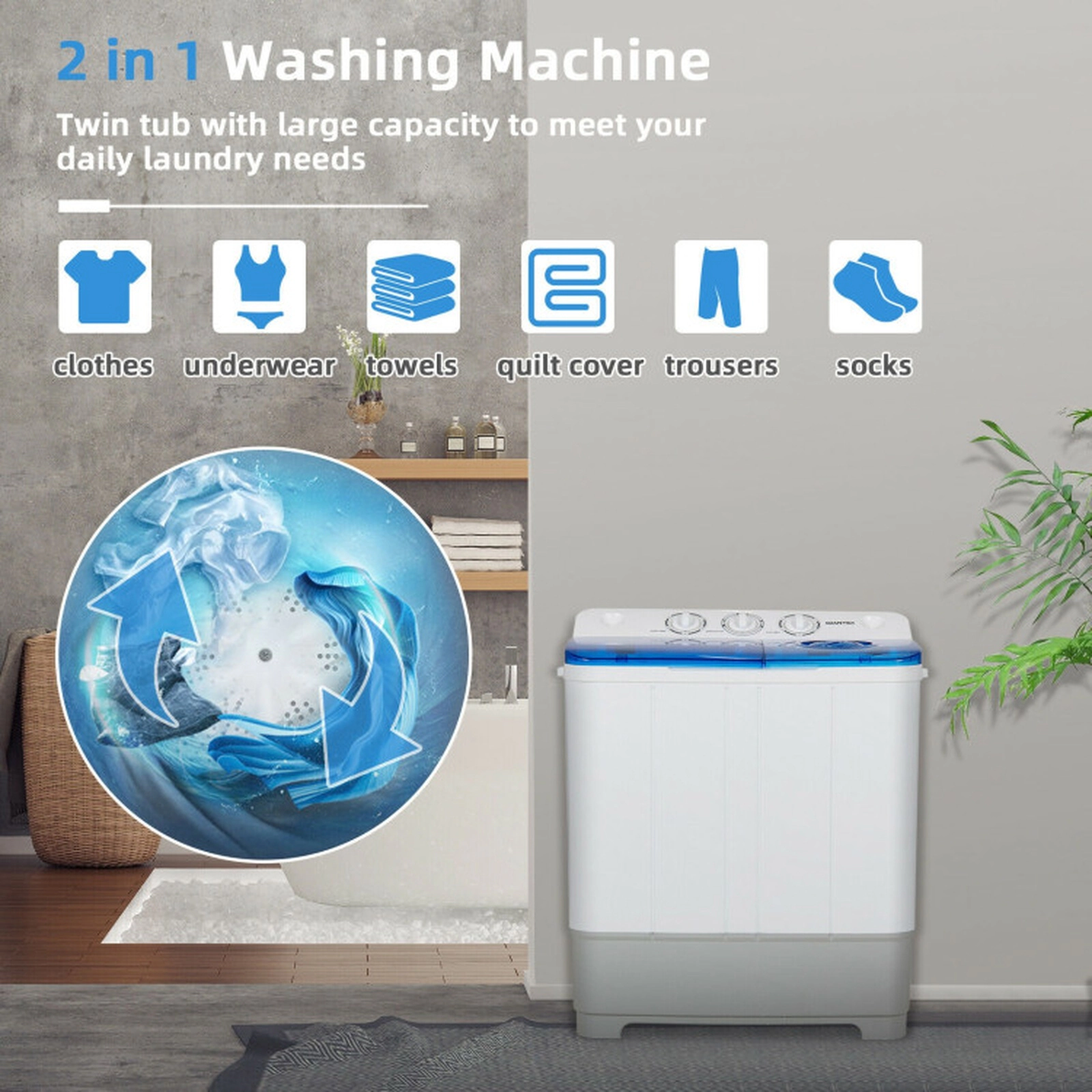 SUGIFT 22-lb Total 13.2-lb Wash 8.8-lb Spin 2-in-1 Twin Tub Portable Washing Machine with Drain Pump