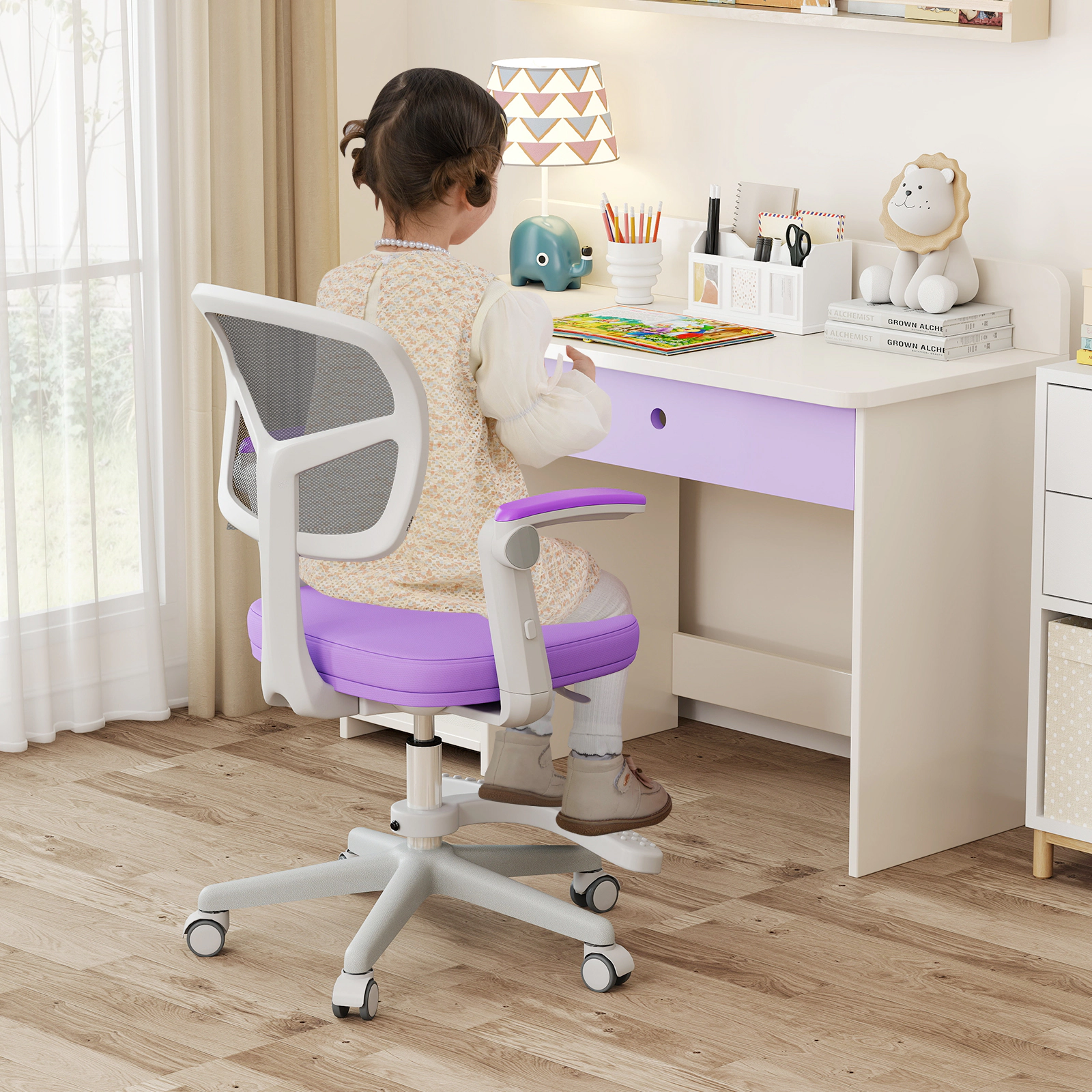 SUGIFT Purple Kids Ergonomic Desk Chair with Adjustable Footrest and Flip-Up Arms