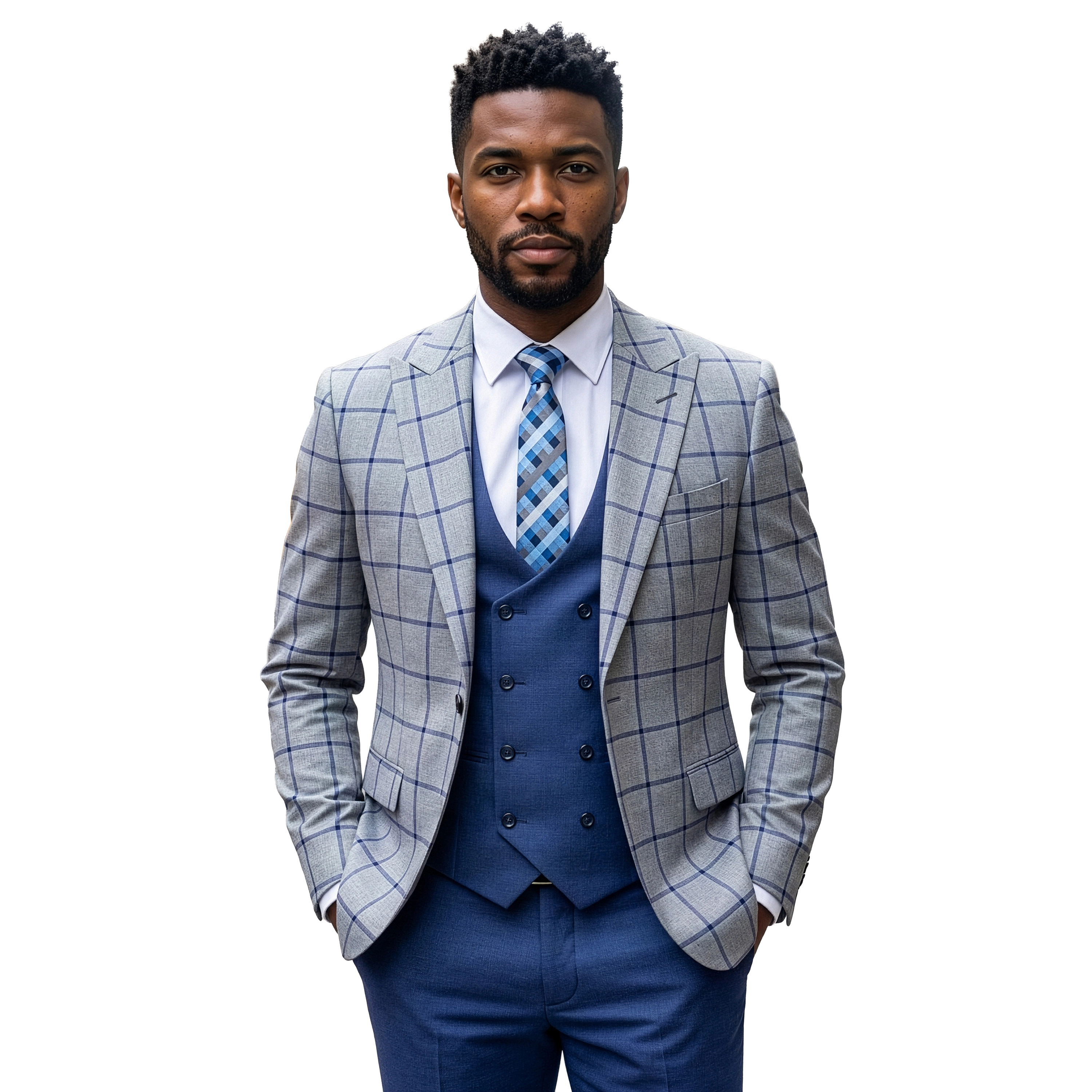 Tazzio Mens Regular Fit Windowpane Plaid 3pc Suit Set