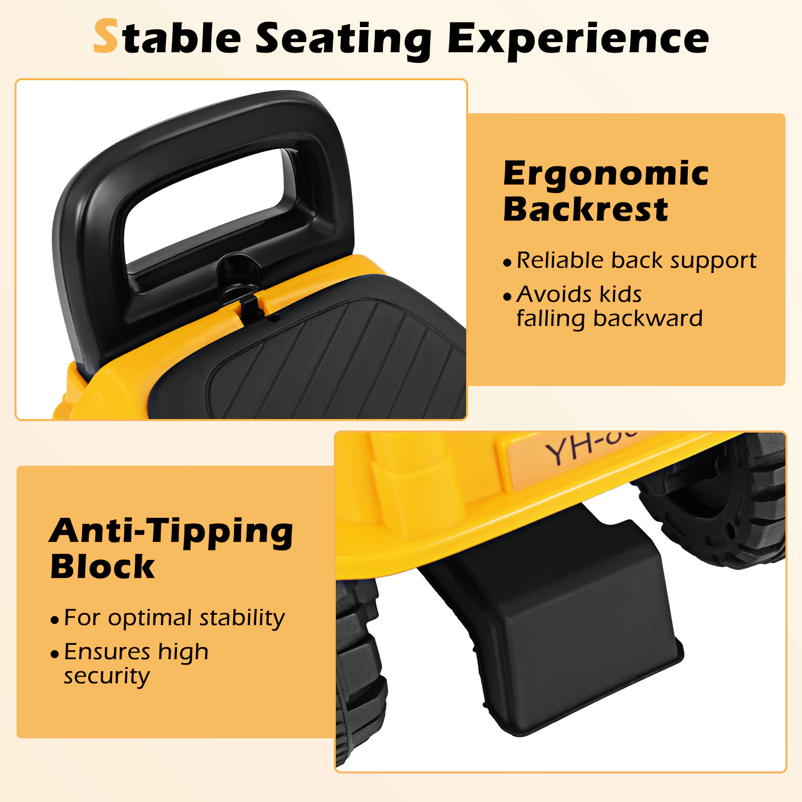 SUGIFT Yellow Adjustable Shovel Safety Helmet and Under Seat Storage Toddler Ride On Excavator