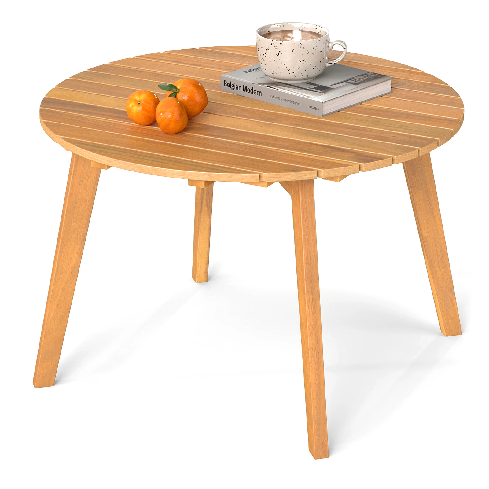 SUGIFT 24.5 in Slatted Tabletop Natural Round Outdoor Acacia Wood Side Table