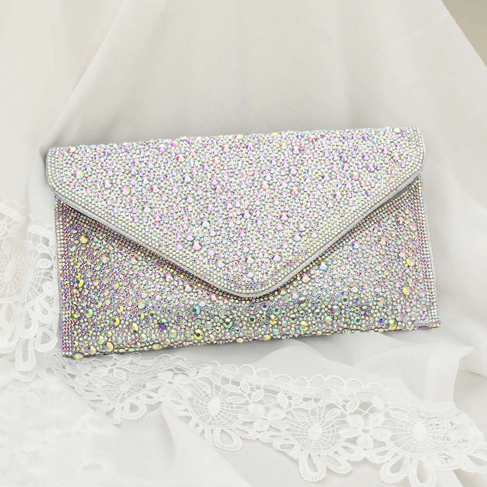 FASHNZFAB Bling Stone Studded Flap Envelope Evening Clutch Crossbody Bag