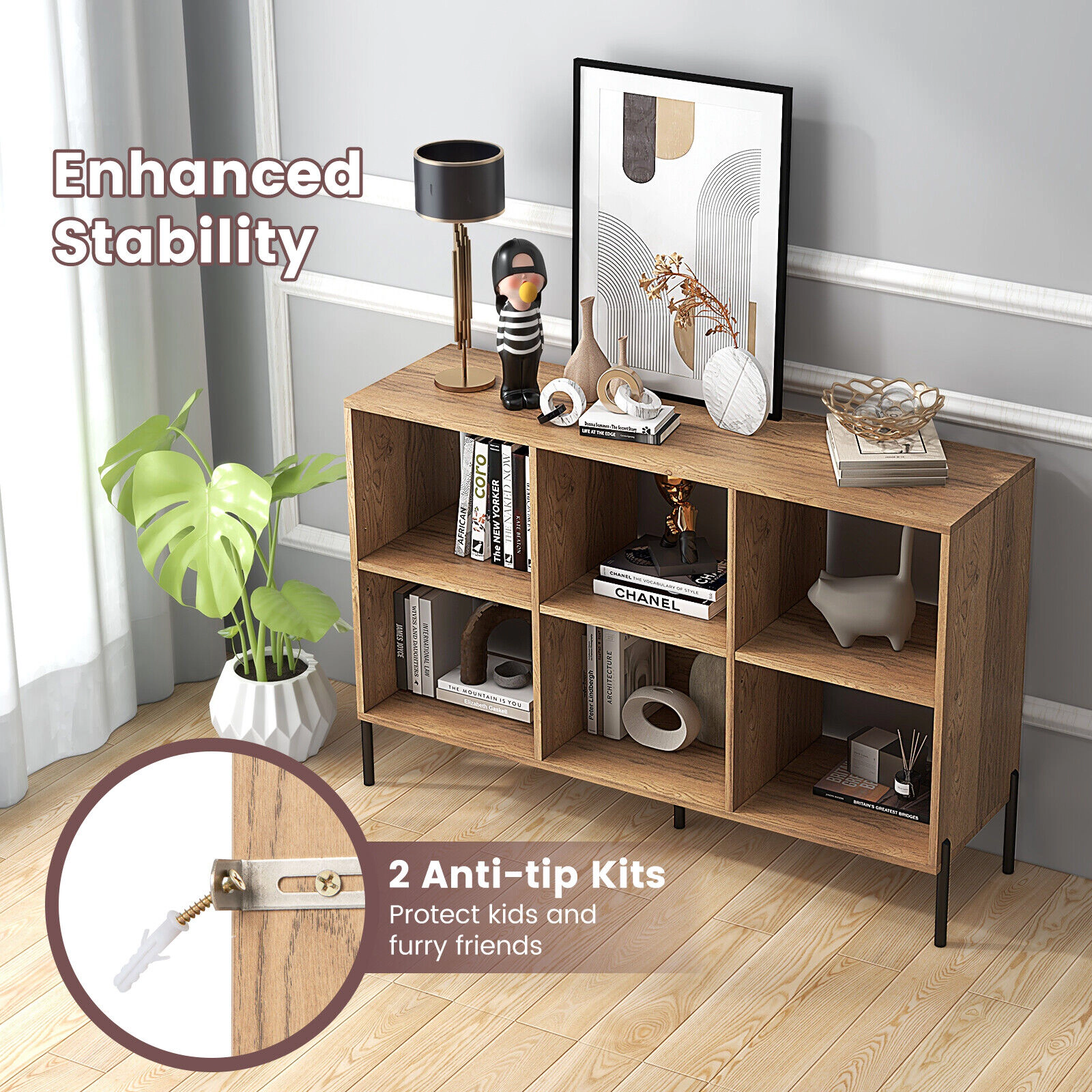 SUGIFT Natural Open-Back Bookshelf with Drawer 5 Metal Legs and 6 Cubes