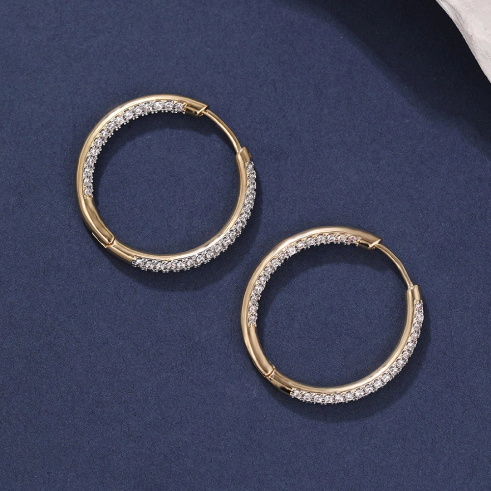Double Row Paved Cubic Zirconia Hoop Earring Gold Plated Sparkling CZ Large Hoop Earring