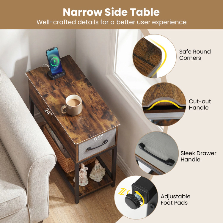 Hivvago Narrow Side Table With Charging Station And Led Lights Industrial End Table