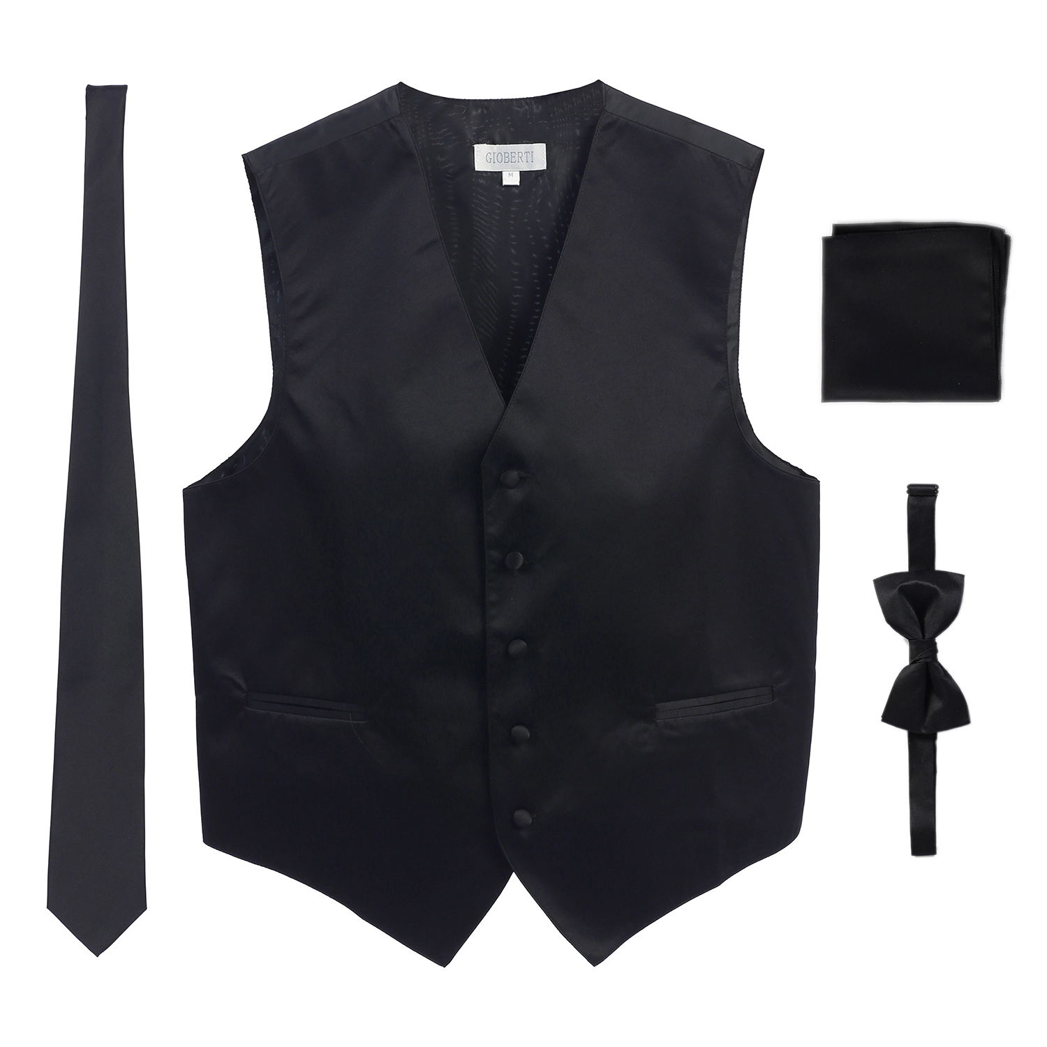 Gioberti Men's Formal 4pc Satin Vest Necktie Bowtie and Pocket Square
