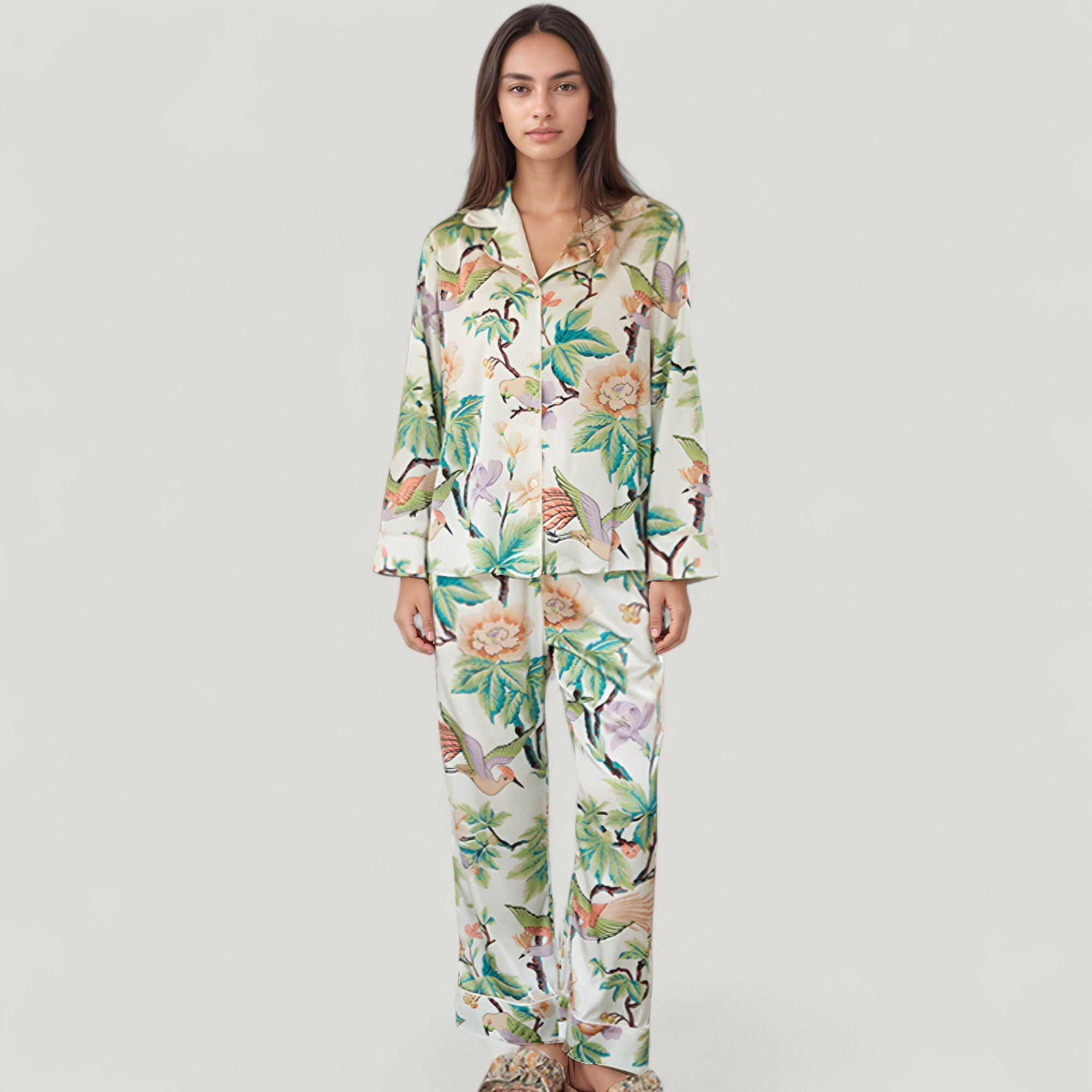 Anna-Kaci Women's Bird and Floral Print Pajama Set with Button Down Long Sleeve Top Relaxed Fit Woven Pants