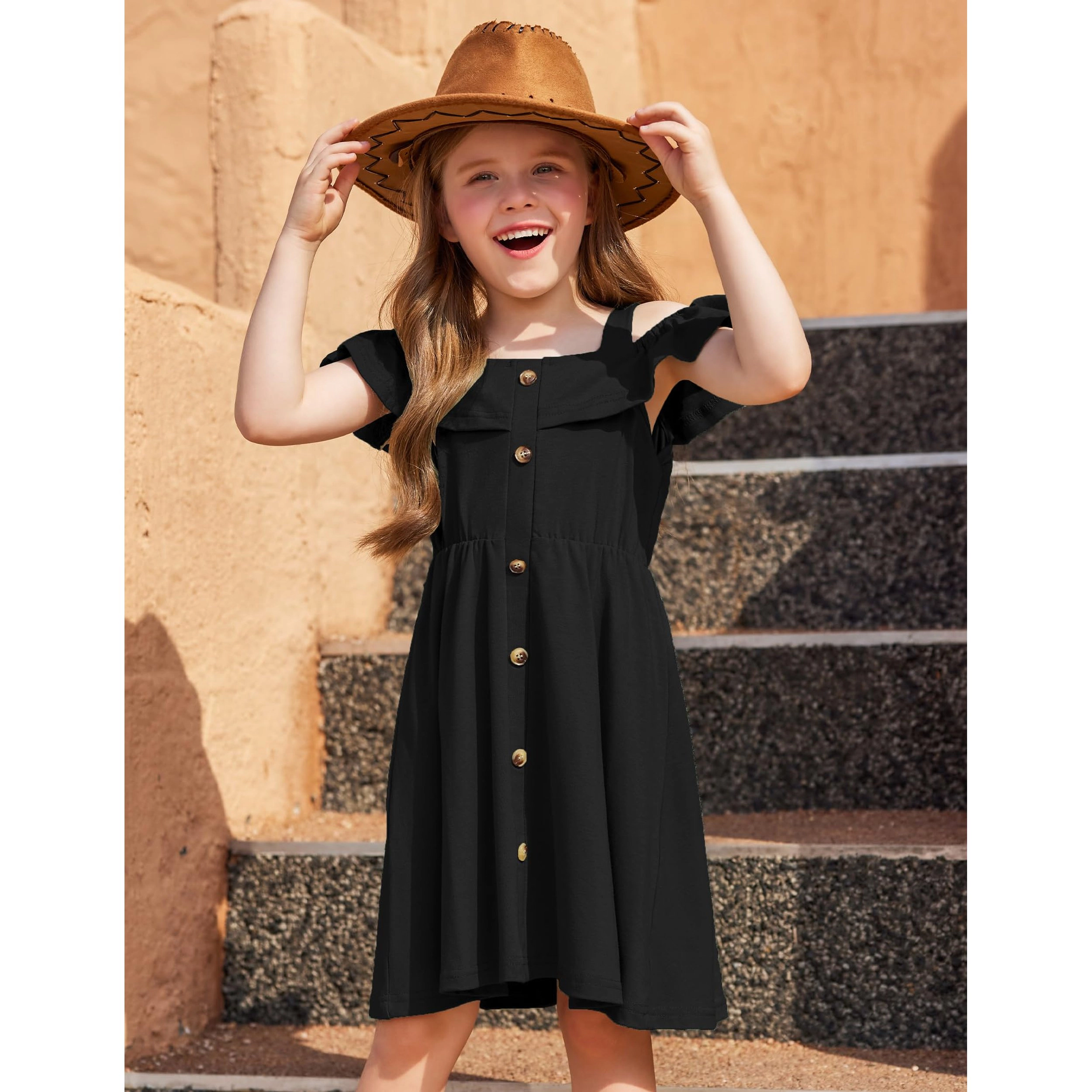 Arshiner Girls Dresses Summer Spaghetti Strap Cold Shoulder Ruffle Button Down A Line