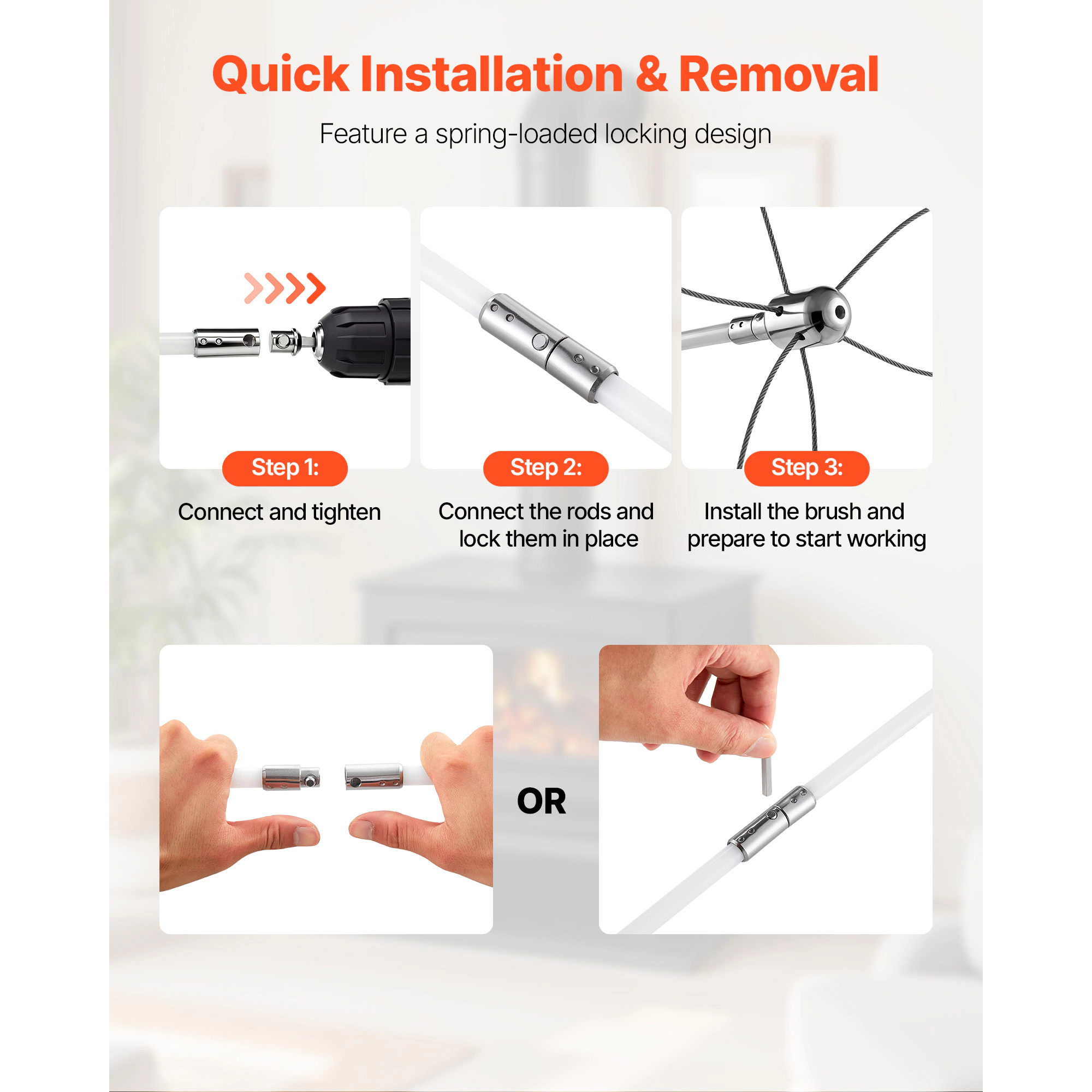 HONGGE Chimney Sweep Kit Maximum Extendable Length Brush Cleaner Sweeper with Dual Heads &