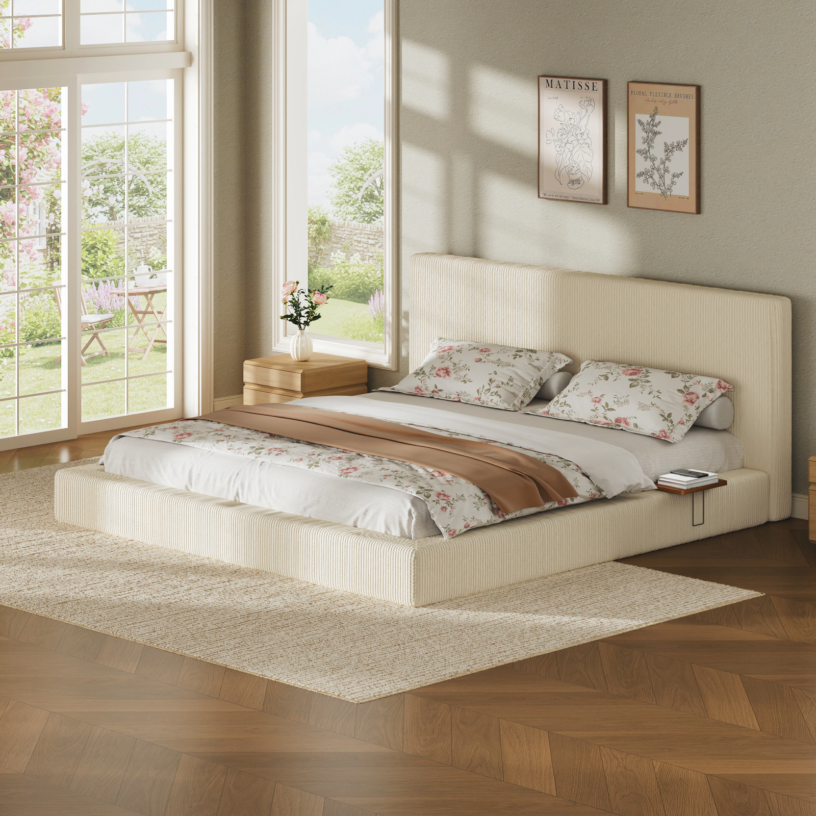 Flynama King Bed Frame with Sliding Side Table, 8.7" Cloud Upholstered Cushion, Cream White