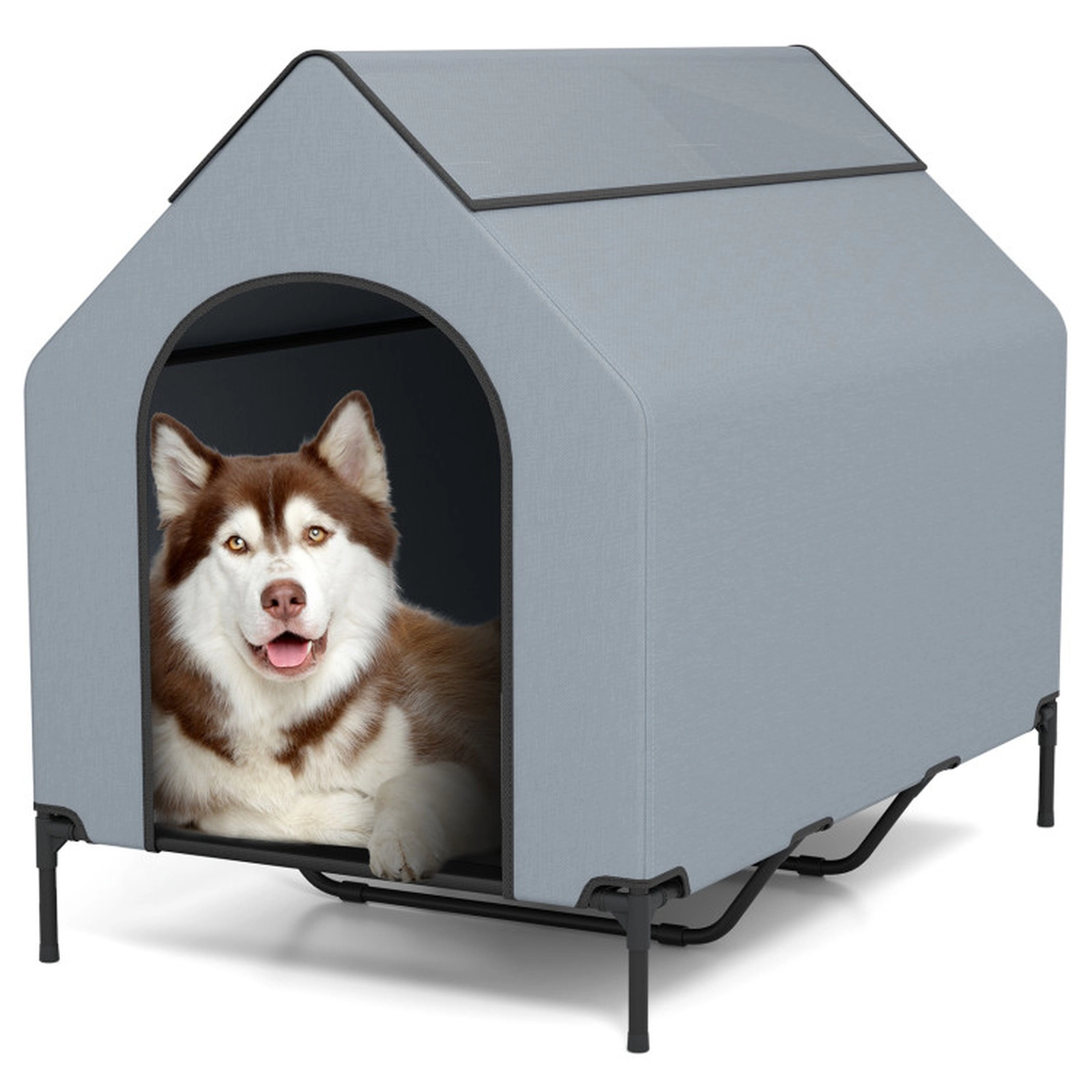 SUGIFT Large 110-lb Capacity Elevated Outdoor Dog House with Waterproof Canopy and 2 Roll-Up Mesh Windows
