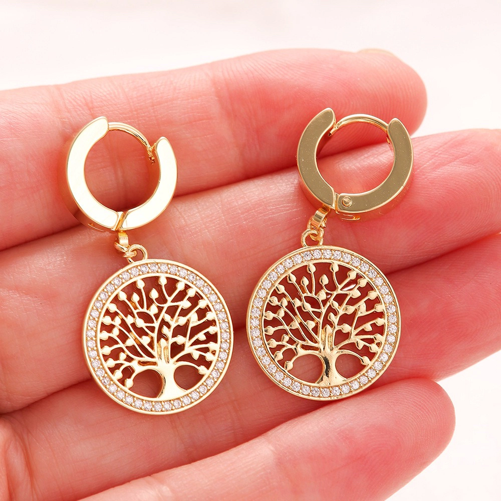 Hollow Tree of Life Cubic Zirconia Hoop Drop Earring