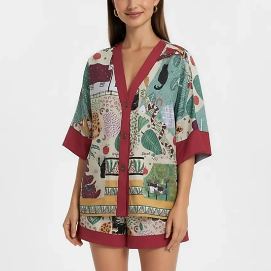 Anna-Kaci Women's Animal Print Pajama Set with Short Sleeves Button Up Top and Contrast Trim Shorts