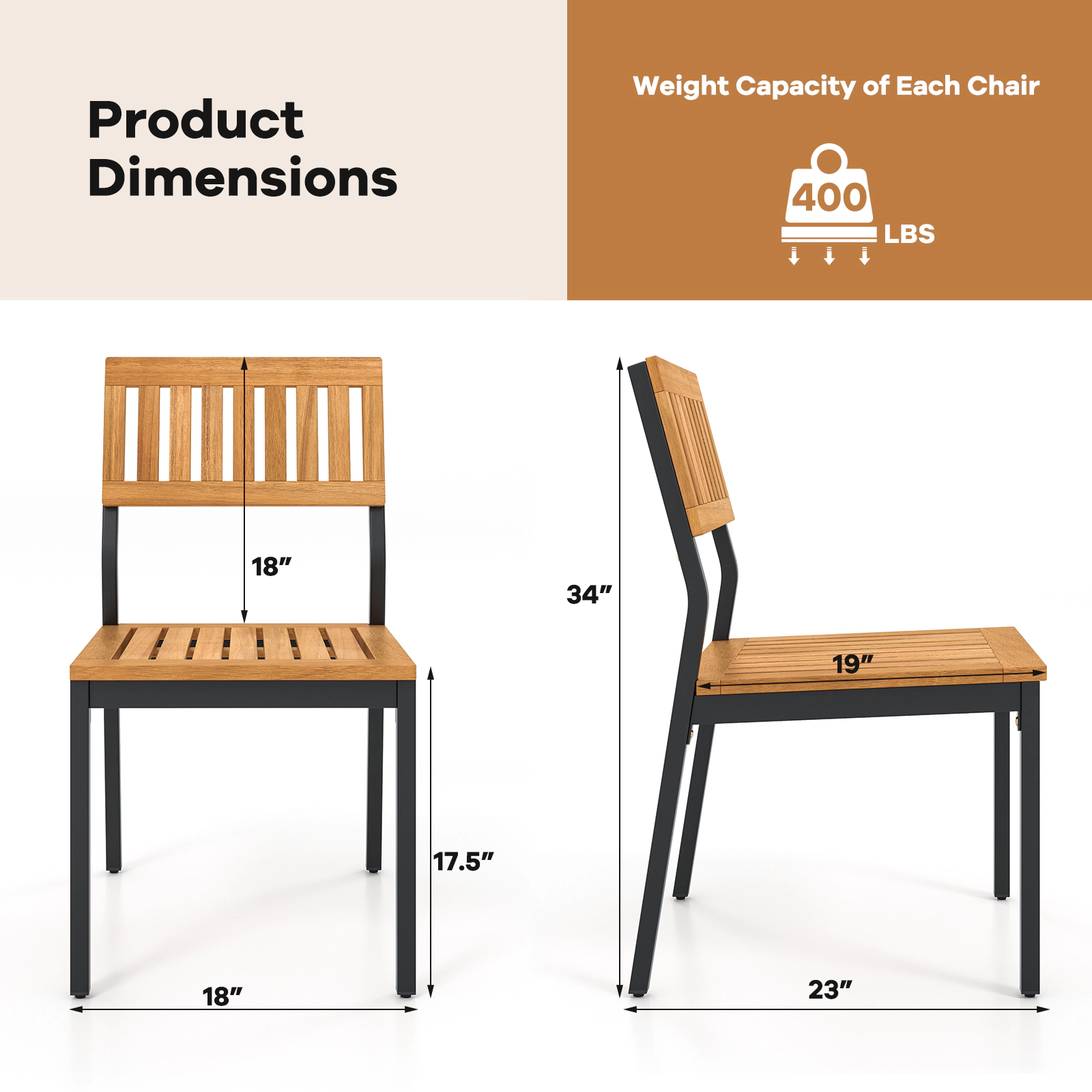 LJG Patio Dining Chair Set of 2 with Metal and Acacia Wood Frame